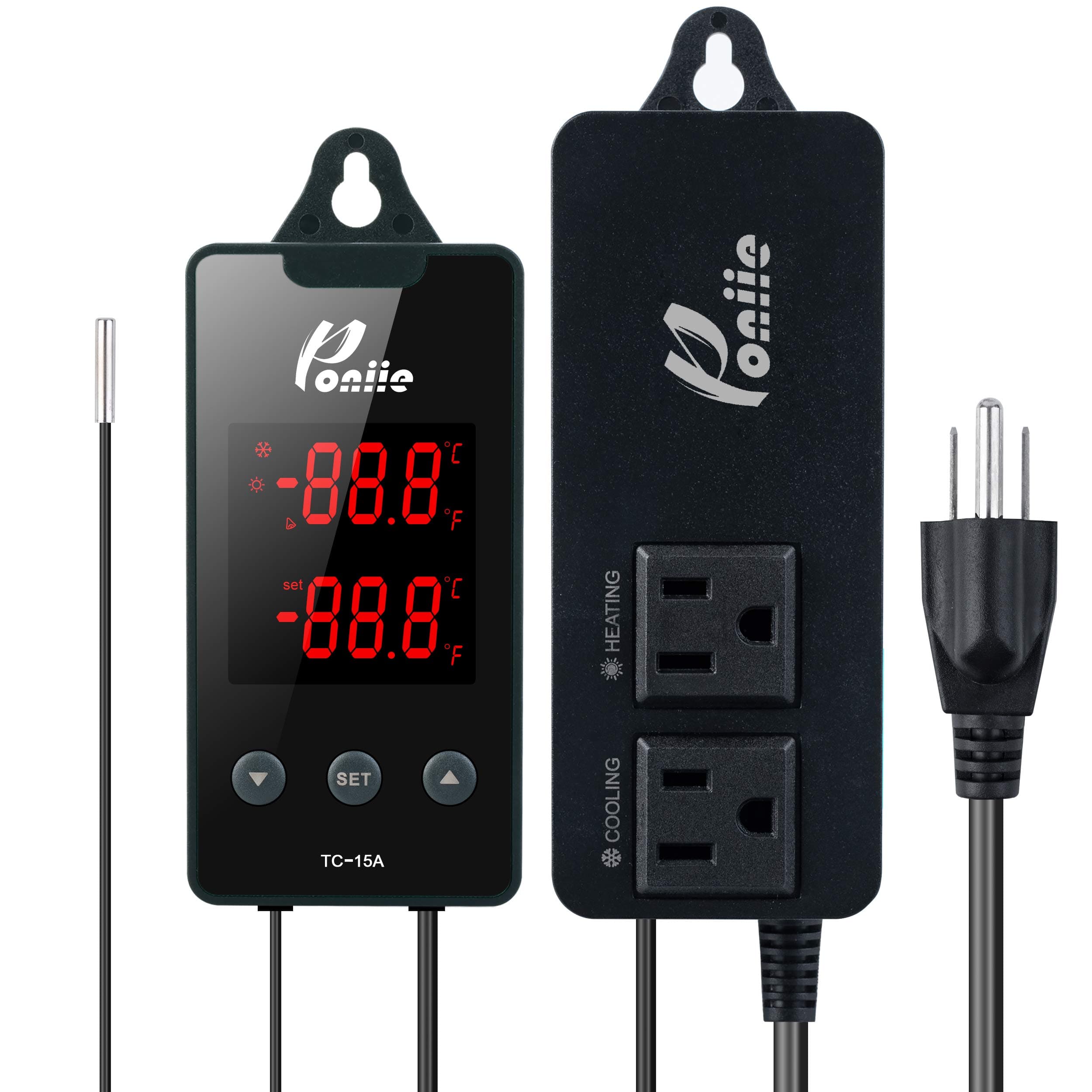 TC-15A Digital Temperature Controller 2-Stage Outlet Thermostat Heating & Cooling Mode for Greenhouse, Terrarium, Brewing and Fermentation (110V 15A)