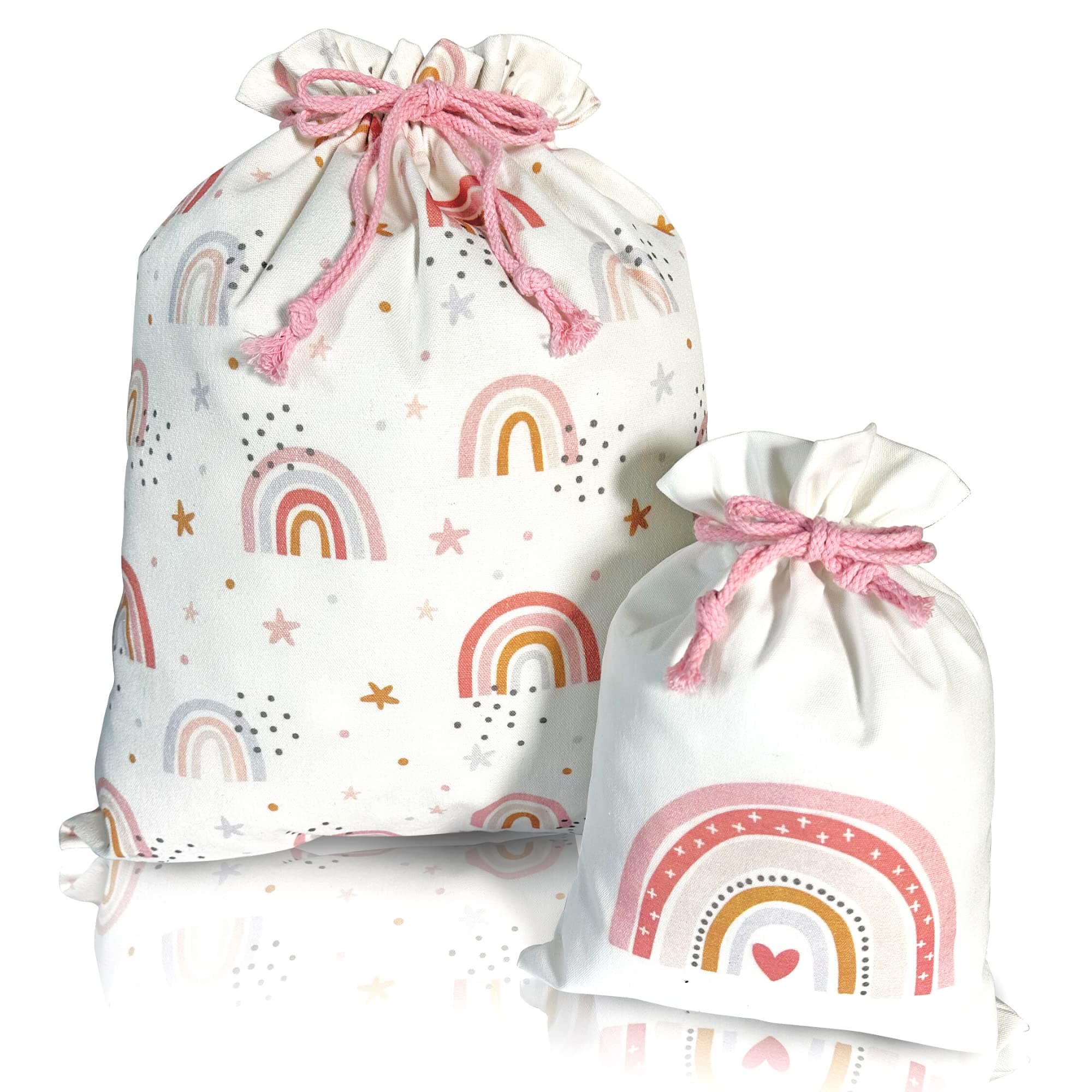 Gather and Knot Fabric Gifting & Drawstring Gift Bags | 20" Large 12" Small | Premium Canvas | Reusable Wrap for Baby Shower or Girl Birthday | Rainbow