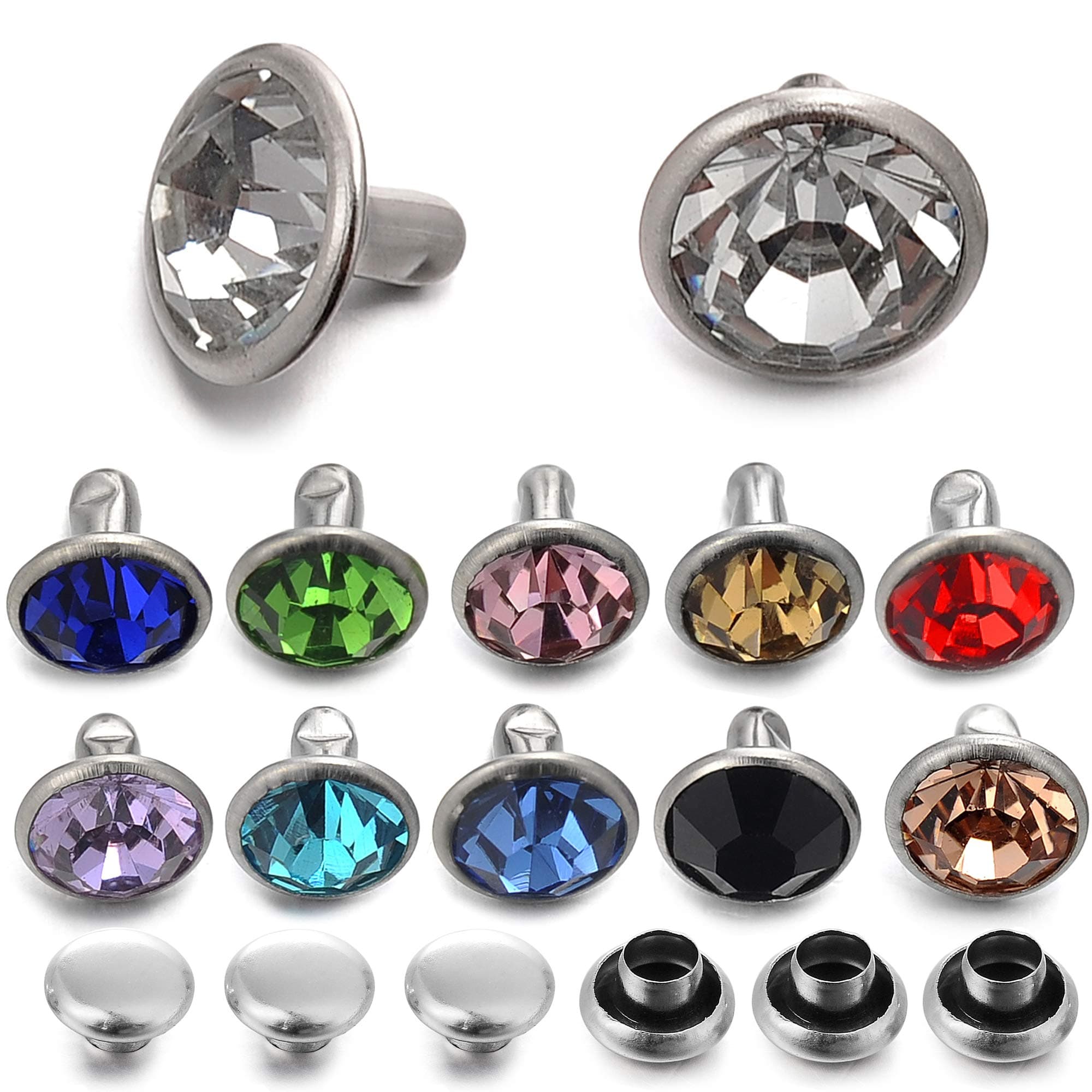 100 Sets 8MM Mixed Colors Cz Crystal Rivets Rhinestone Rivets Studs Rapid Rivets Silver Color Spots Studs for Leather Craft DIY Making