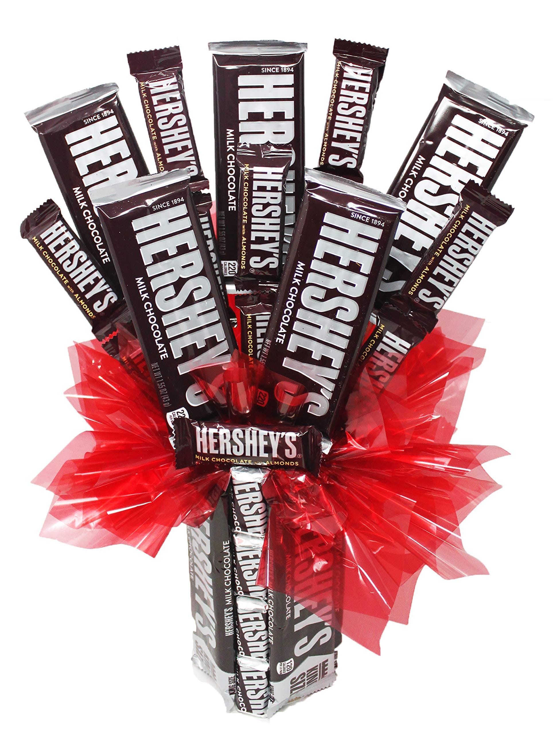 Hershey's Milk Chocolate & Almonds Candy Bouquet with King Size, Full Size, Fun Size & Snack Size Bars. Perfect Gift Idea for the Chocolate Lovers. Birthdays, Anniversary, Get Well Soon.