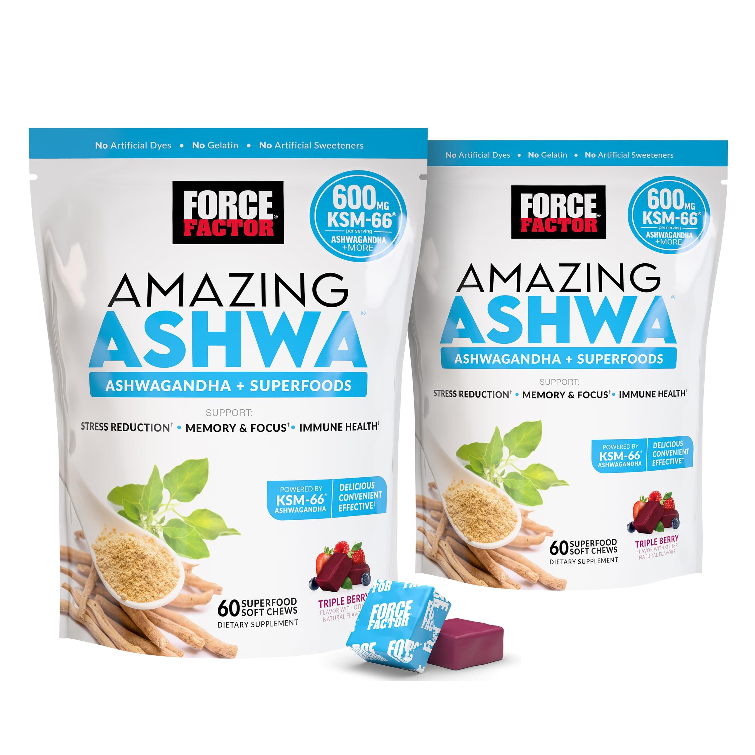 Force Factor Amazing Ashwa for Stress Relief, Memory, Focus, and Immune Support Health, Ashwaganda Supplement with KSM-66 Ashwagandha for Stress, 120 Soft Chews