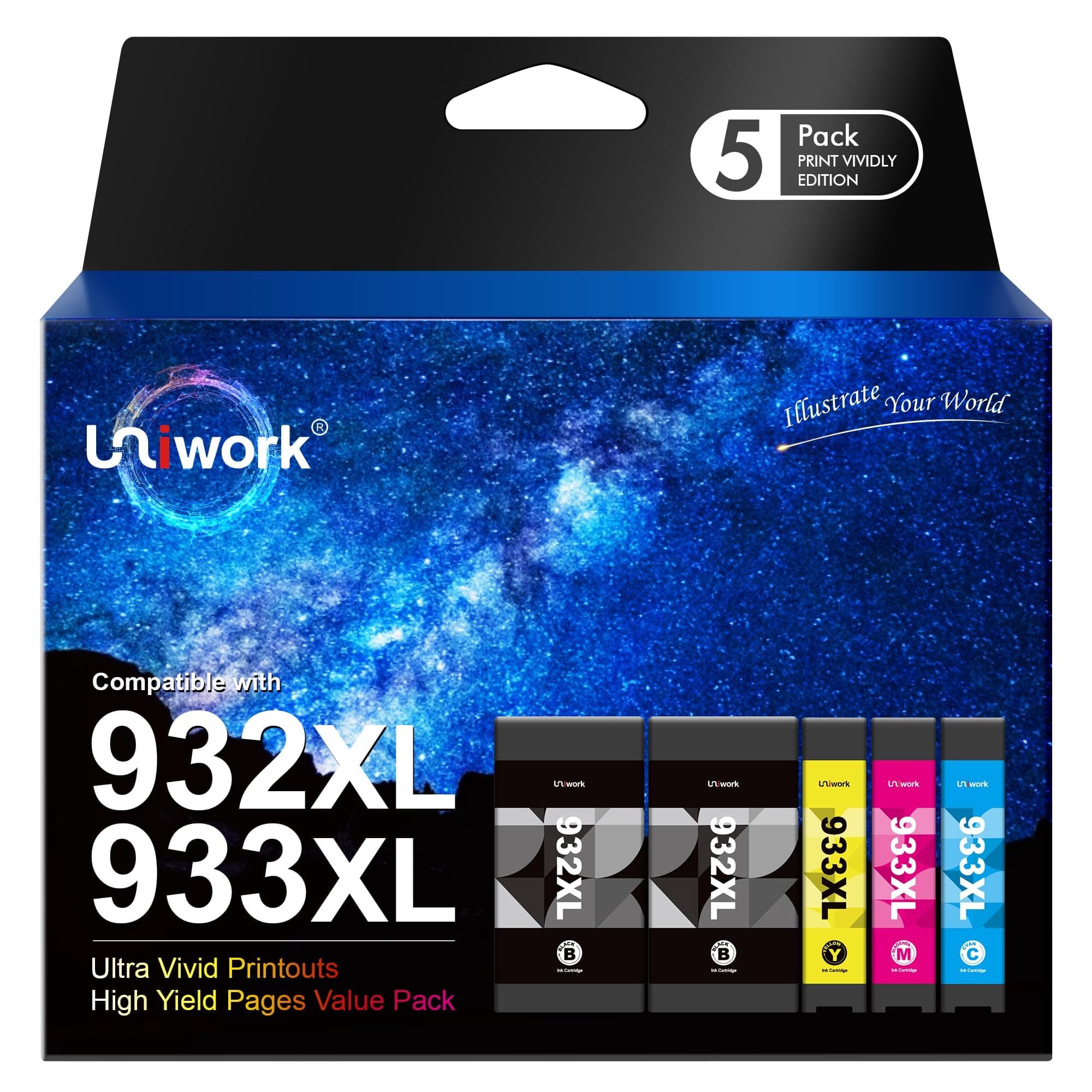 Uniwork Compatible Ink Cartridges Replacement Multipack for HP 932XL 933XL 932 933 XL for Officejet 6100 6600 6700 7110 7510 7610 7612(Black Cyan Magenta Yellow, 5 Combo Pack)
