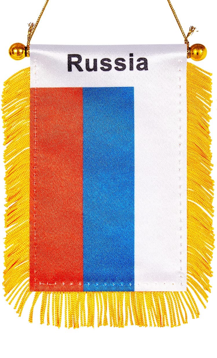 WXTWK 3 X 5 Inch Russia Flag Russian Window Hanging Flag Small Mini Car Flags Banners Rearview Mirror Decoration With Suction Cup Golden Fringy Banner