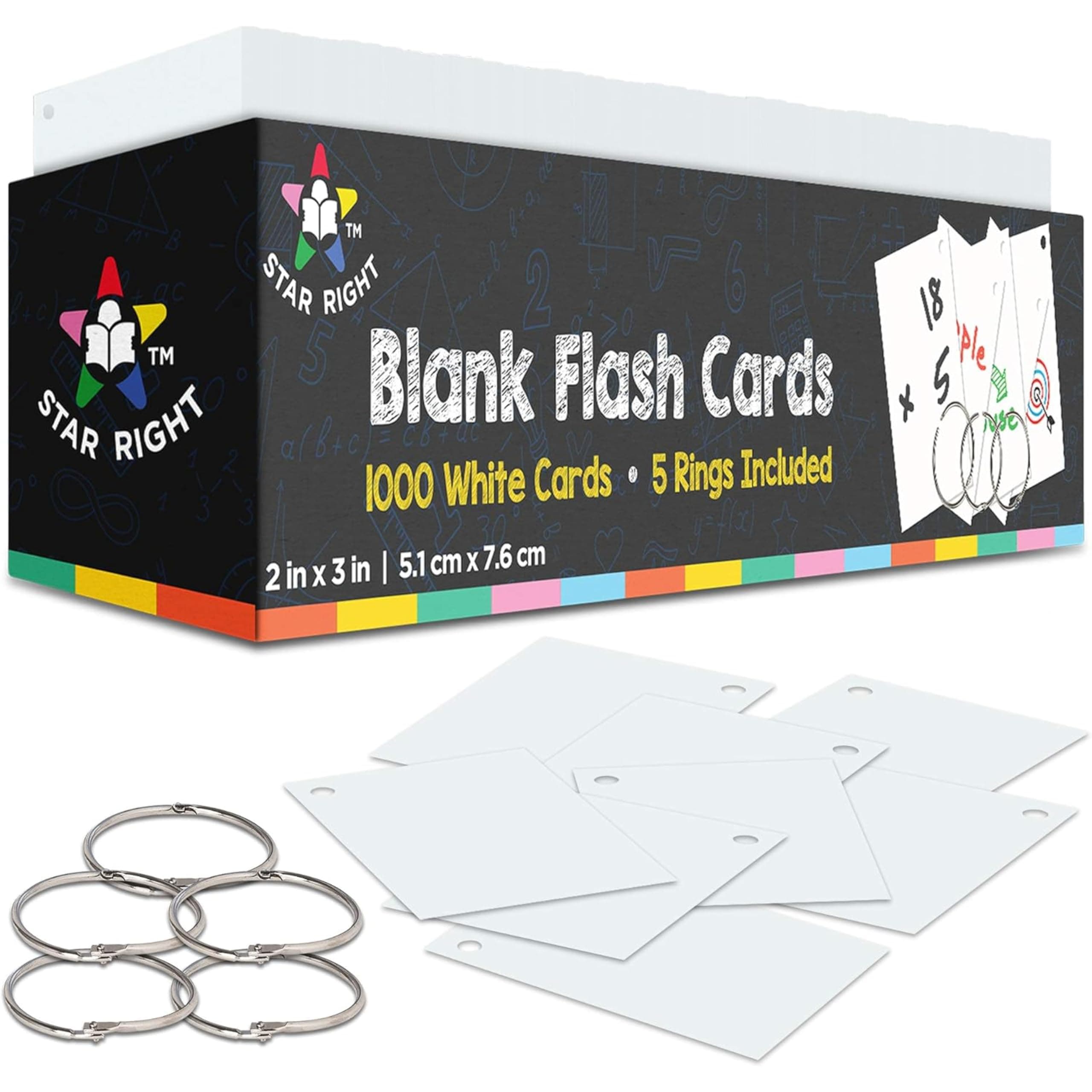 Star Right Blank Flash Cards for Studying - 2x3-Inch Blank Notecards - 1000 Pre-Punched White Index Cards with Metal Binder Rings - Flashcards for Test Prep, Math, Language, and Organization