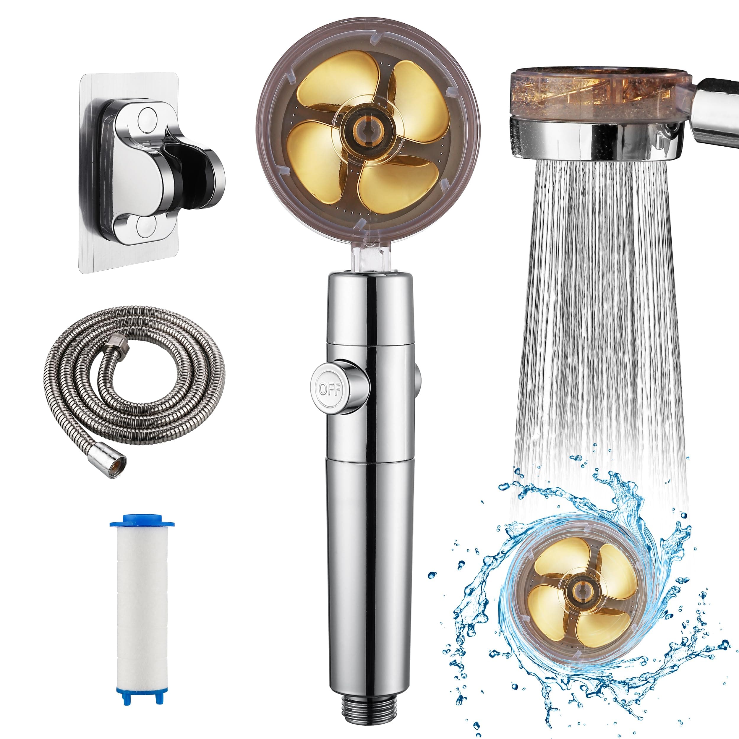 Hydro Shower Jet Head High Pressure Shower Heads with Filters for Hard Water, Handheld Detachable Turbo Showerheads with Off Switch, Drivse Iondrops Showerhead with Hose for Camper RV (1 Filter)