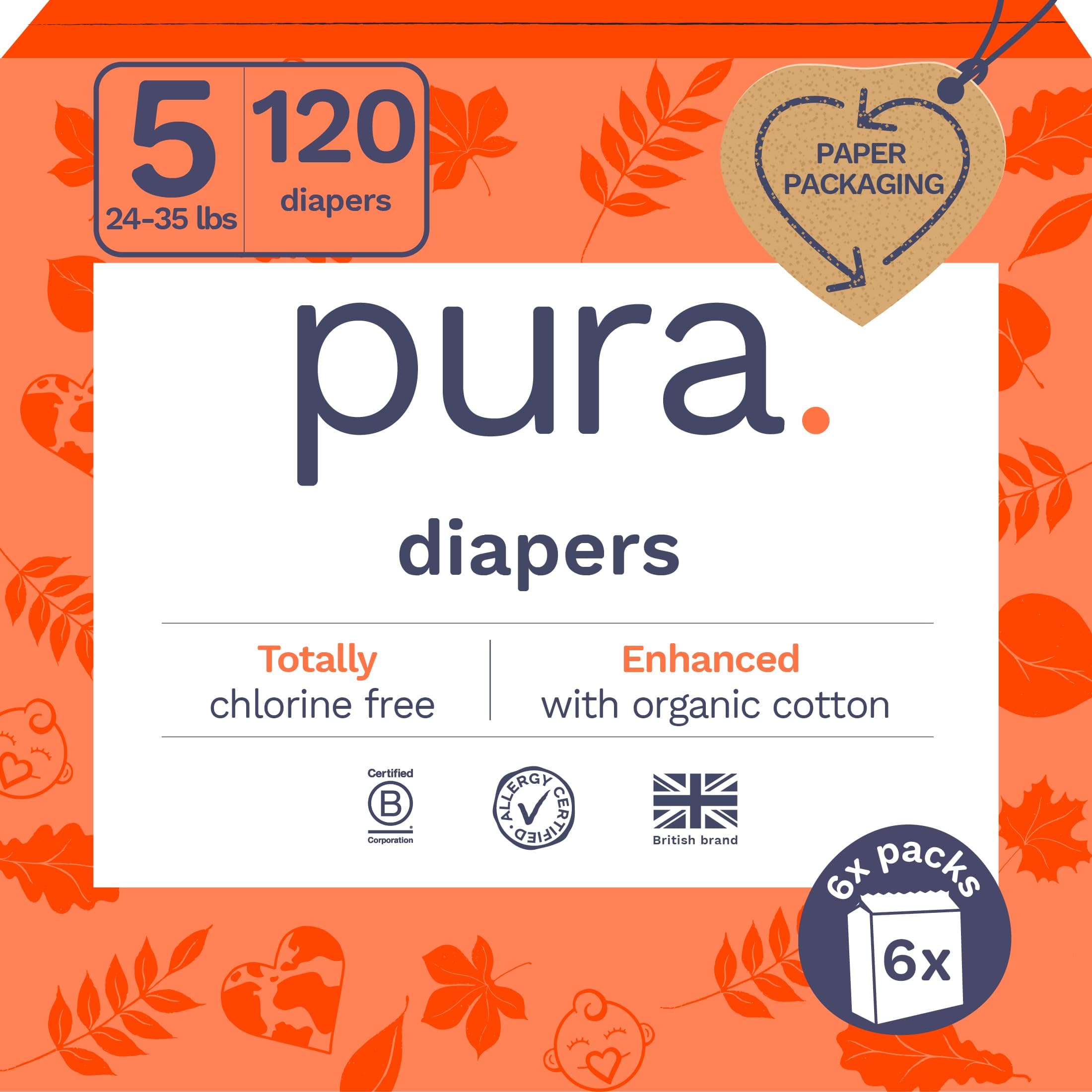 Size 5 Eco-Friendly Diapers (24-35 lbs) Totally Chlorine Free (TCF), Hypoallergenic, Soft Organic Cotton, Sustainable, up to 12 Hours Leak Protection, Allergy UK, 6 Packs of 20 (120 Diapers)