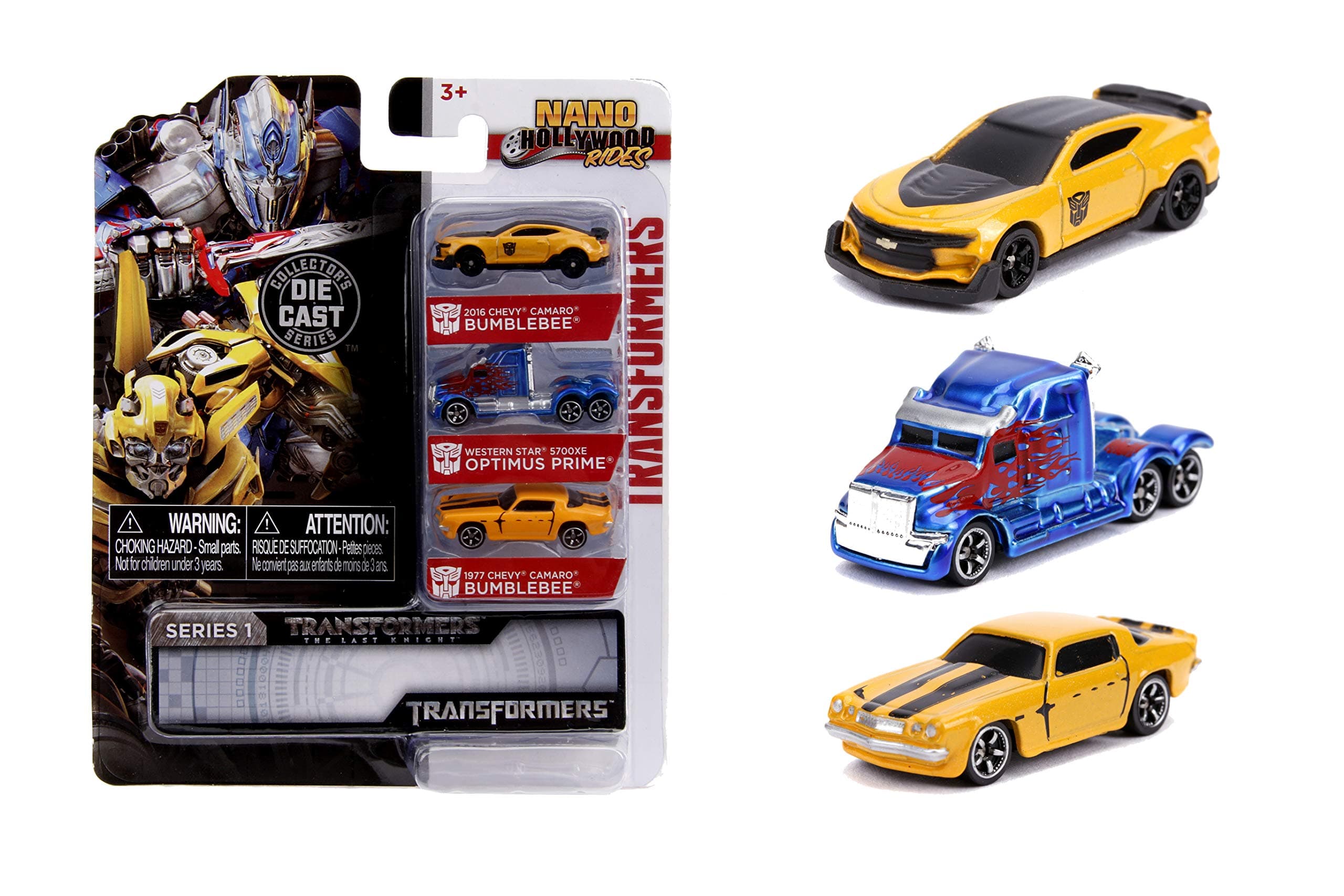 Jada Toys Transformers Nano Hollywood Rides 2016 Chevy Camaro Bumblebee, Western Star 5700XE Optimus Prime and 1977 Chevy Camaro Bumblebee, 1.75" Die-Cast Vehicles,Multi,31125