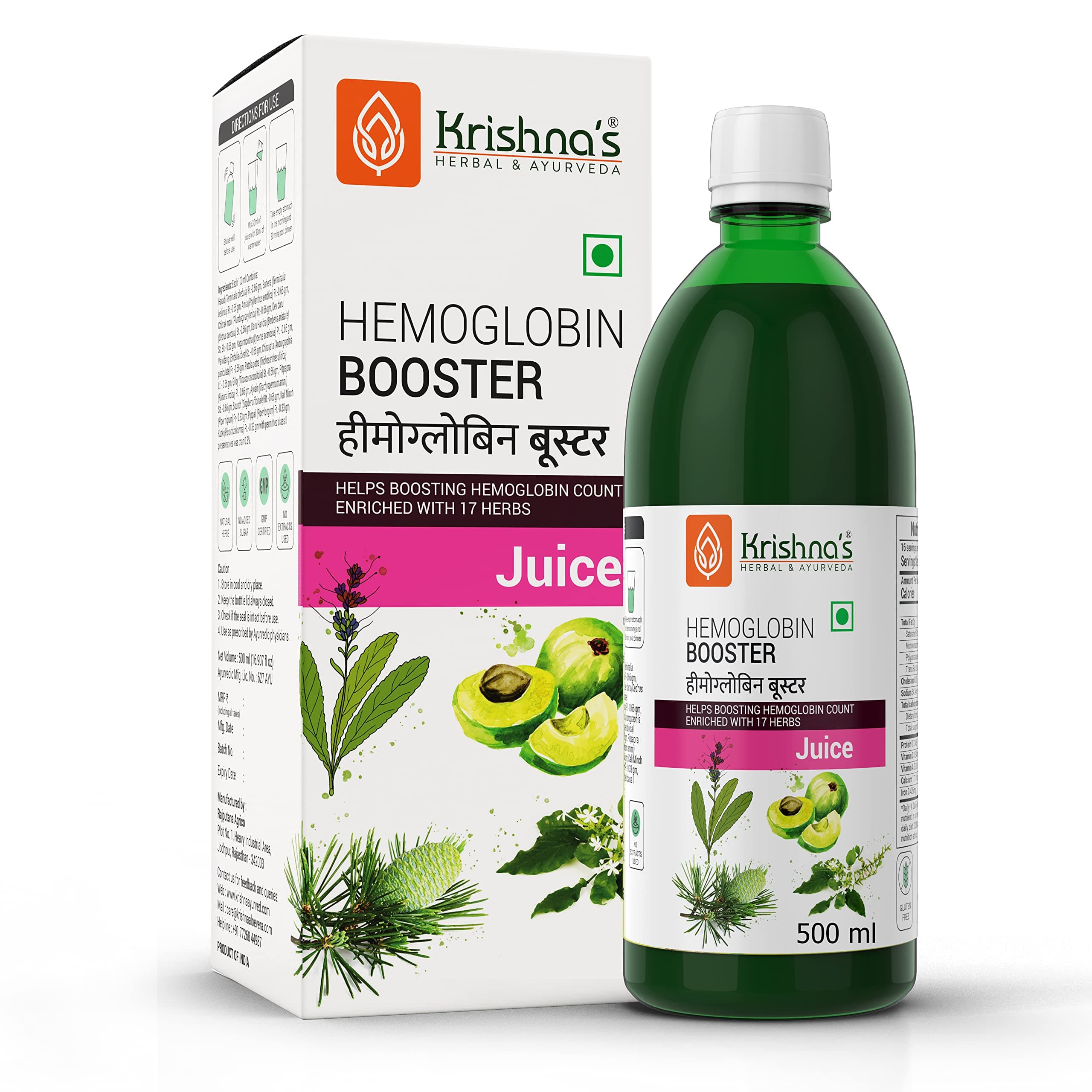 Krishna's Herbal & Ayurveda Hemoglobin Booster Juice - 500 Ml with Free Aloevera Gel 20G