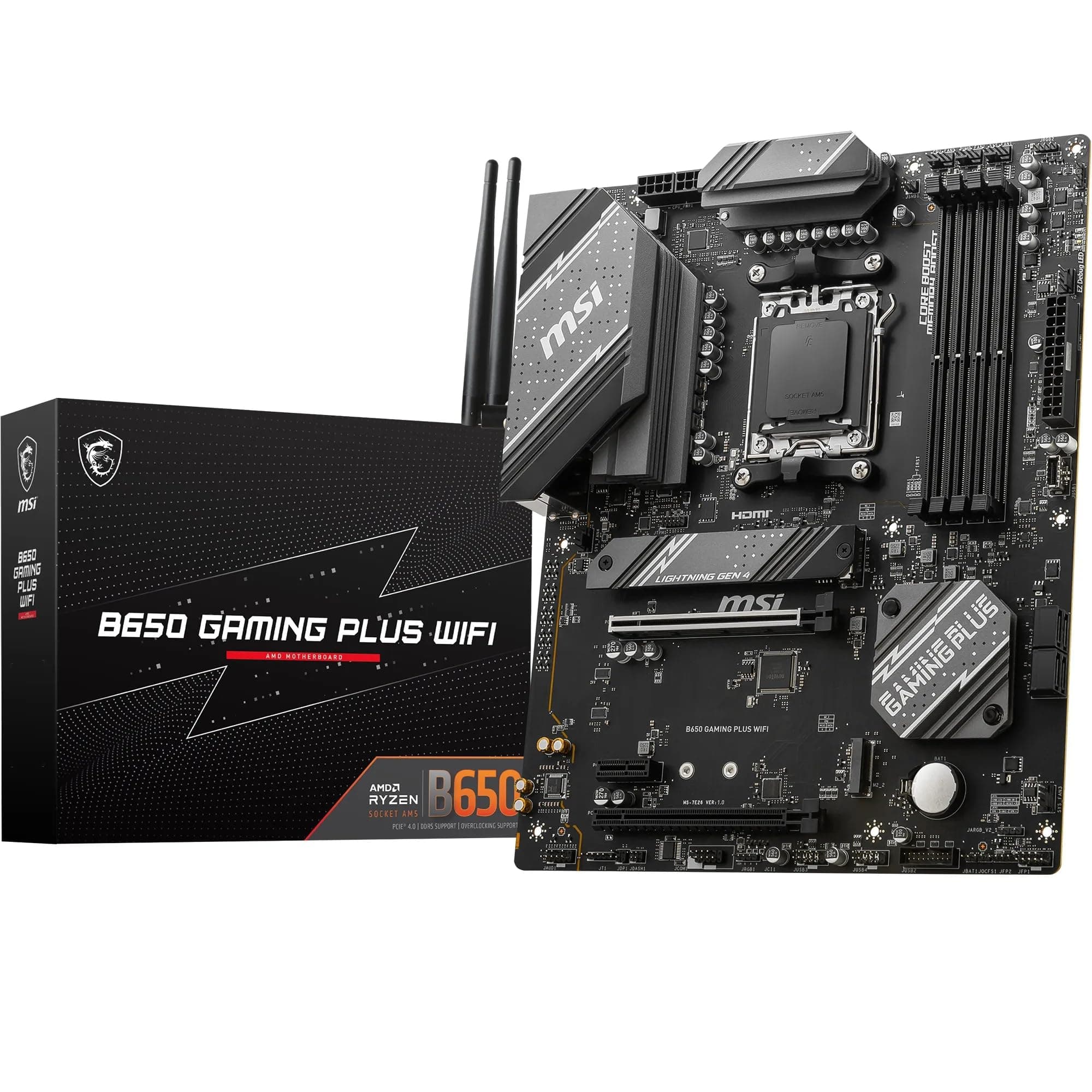 MSI B650 GAMING PLUS WIFI AM5 ATX Motherboard, AMD B650 Chipset, 4x DDR5 / 192GB Max Capacity, 2x PCI-E x16, 2x M.2, Wi-Fi 6E / 2.5G LAN, BT 5.3, USB 3.2 C/A, HDMI/DP - Black