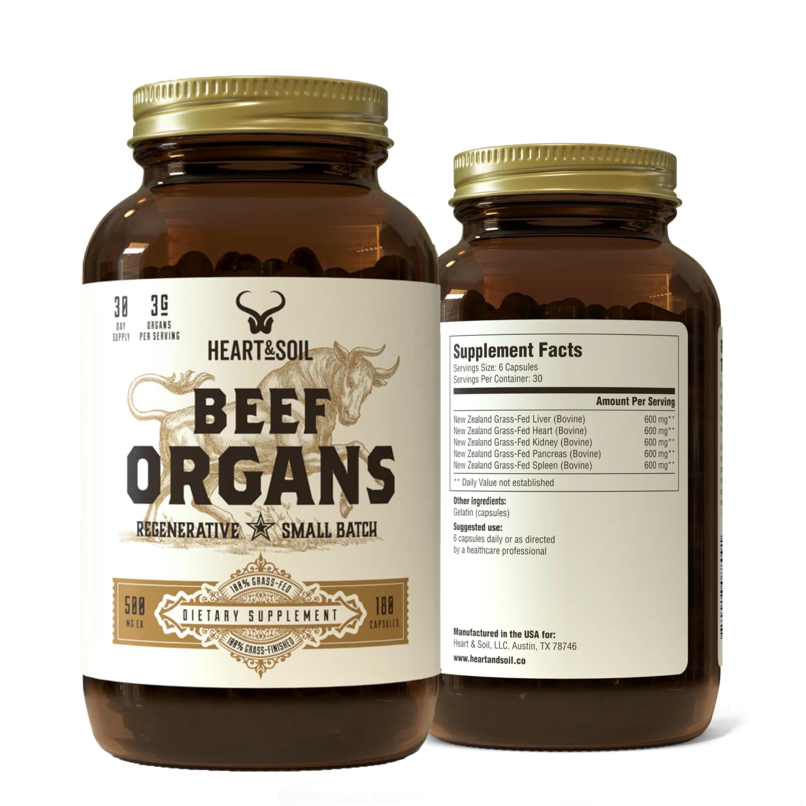 HEART & SOIL Beef Organs Complex — Grass Fed Liver, Heart, Kidney, Pancreas, and Spleen for Complete Nose to Tail Nutrition (180 Capsules)