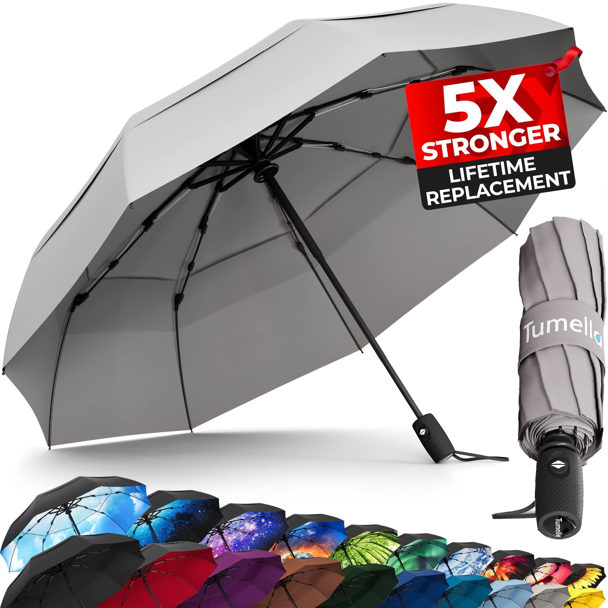 TUMELLA Strongest Windproof Travel Umbrella (Compact, Superior & Beautiful), Small Strong but Light Portable and Automatic Folding Rain Umbrella, Durable Premium Grip, Fits Car & Backpack