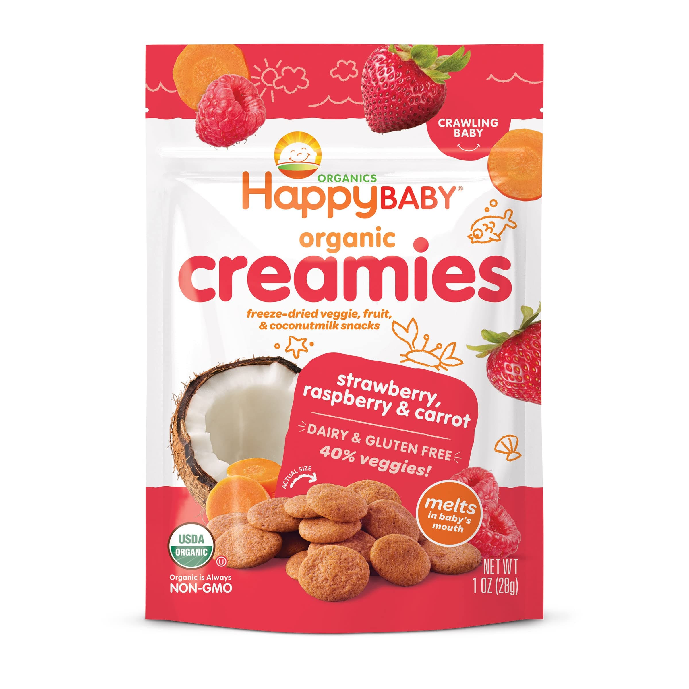 Happy Baby Organics Creamies Freeze-Dried Veggie & Fruit Snacks with Coconut Milk, Strawberry Raspberry & Carrot, 1 Ounce (Pack of 1)