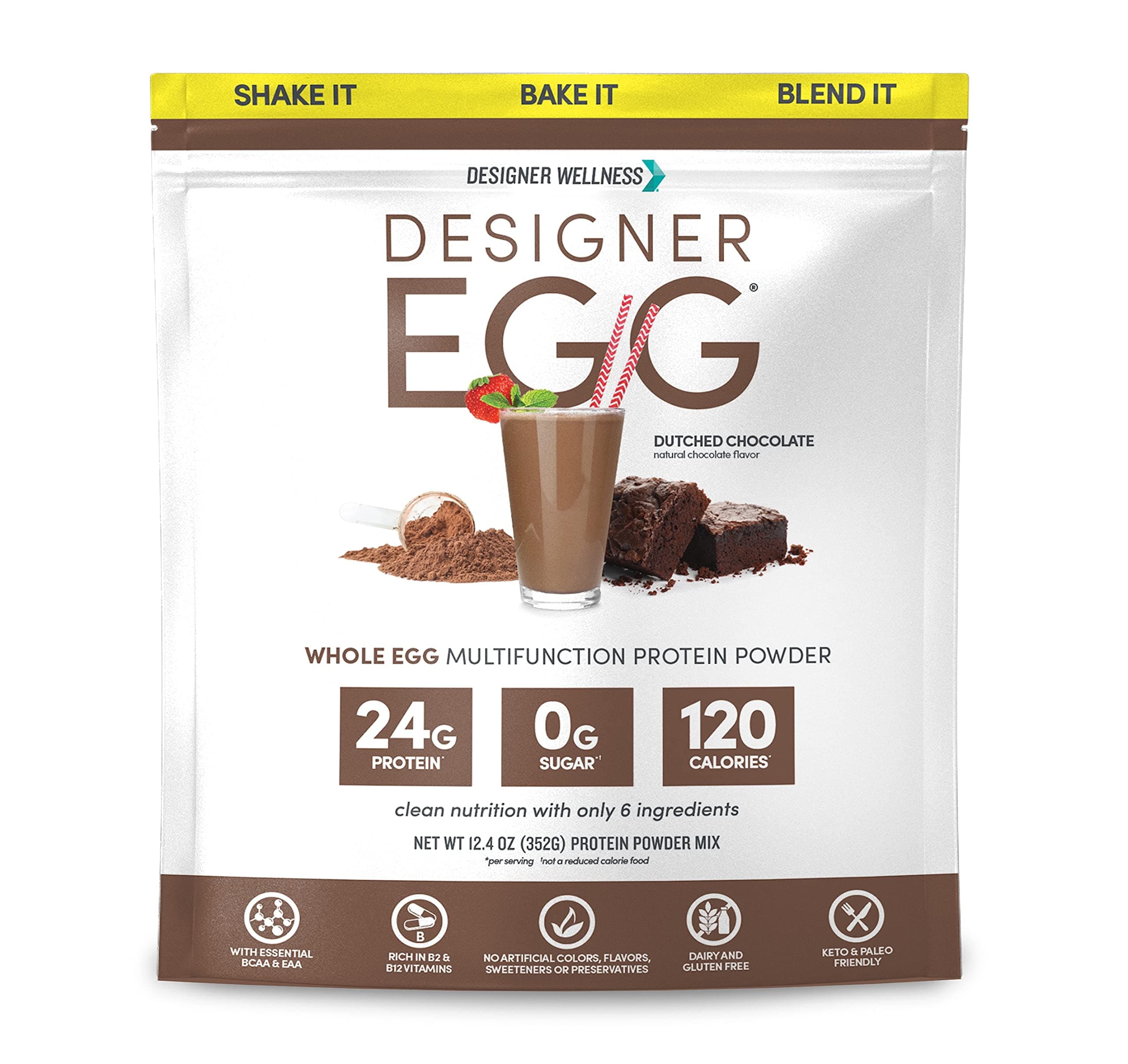 Designer Wellness, Designer Egg, Natural Egg Yolk & White Protein Powder, Keto and Paleo Friendly, Low Calorie, Less Fat and Cholesterol, Dutch Chocolate, 12.4 Ounce