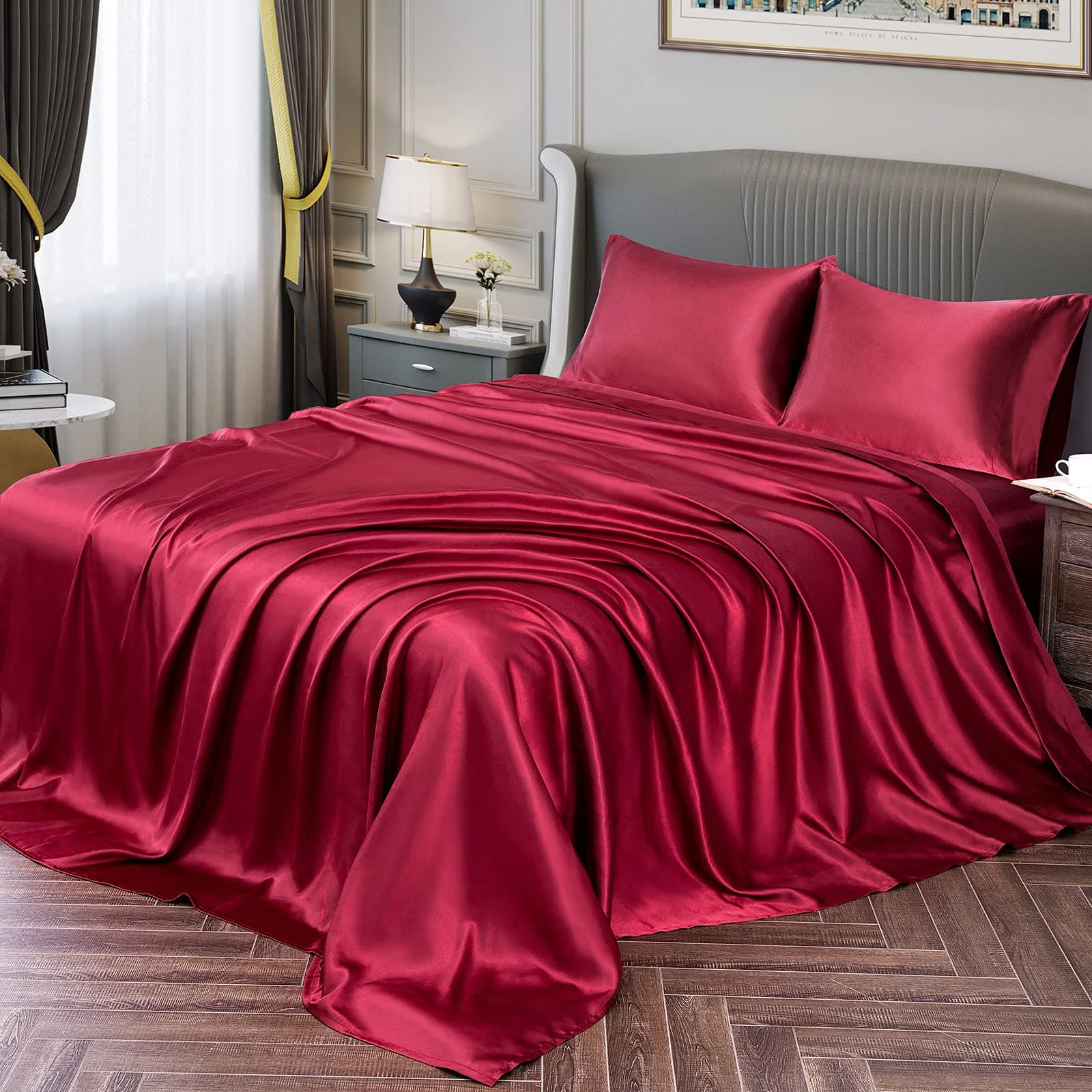 Vonty Satin Sheets California King Silky Soft Satin Bed Sheets Burgundy Sheet Set, 1 Deep Pocket Fitted Sheet + 1 Flat Sheet + 2 Pillowcases