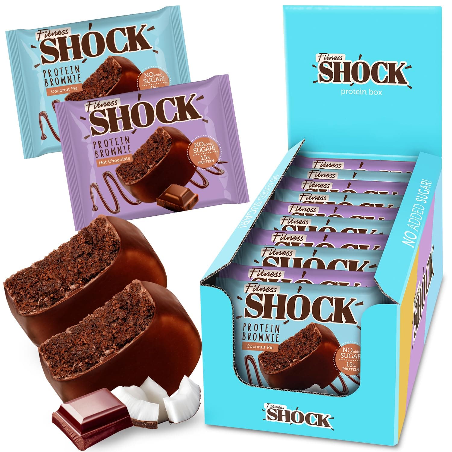 FitnesSHOCK Chocolate Brownie Mix Box without Added Sugar, 15% Protein, satiating dietary fibre, Soft Texture, 10 Pieces, 50g - Chocolate and Coconut