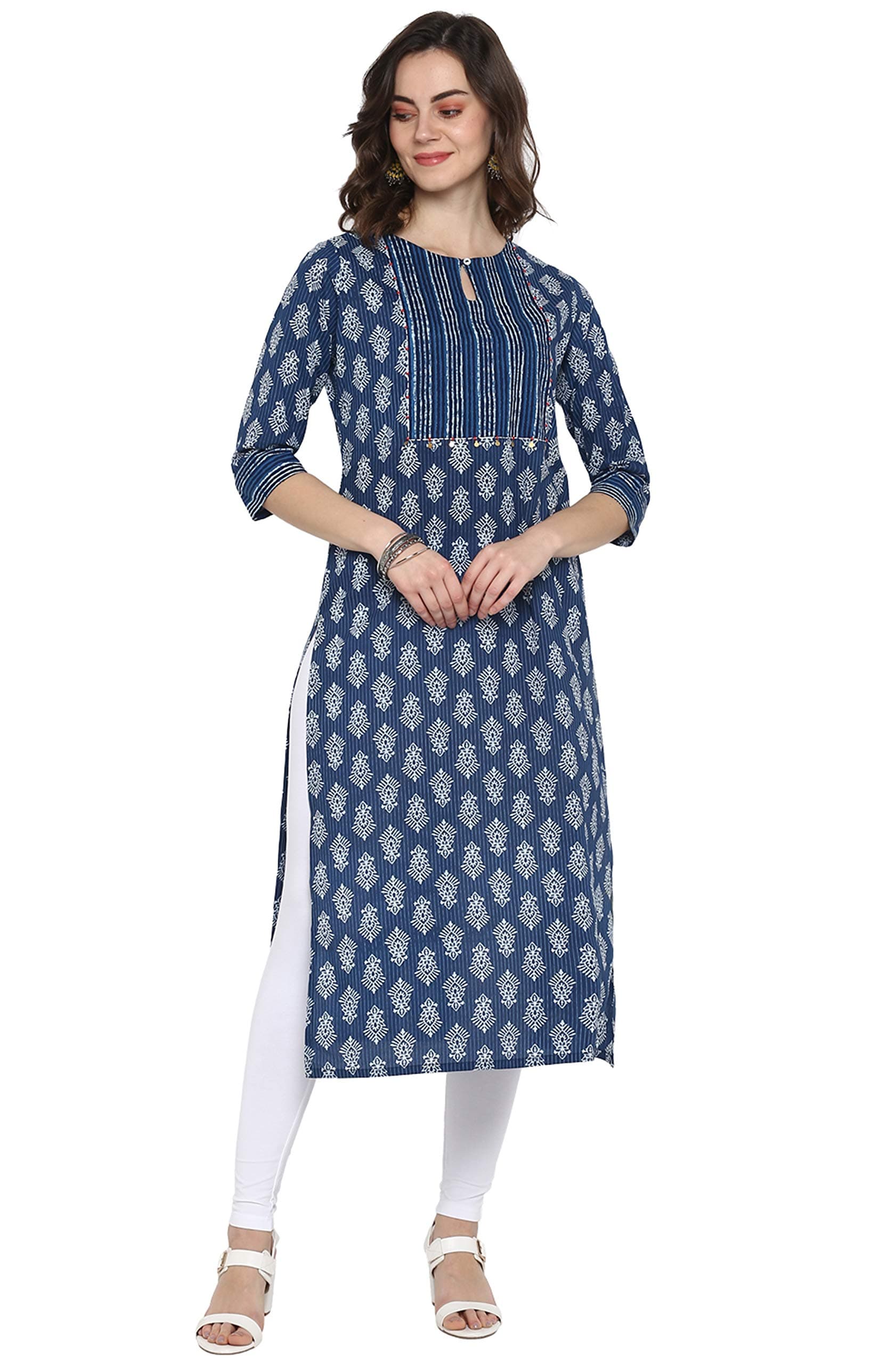 Janasya Women's Pure Cotton Straight Fit Straight Block Print Kurta