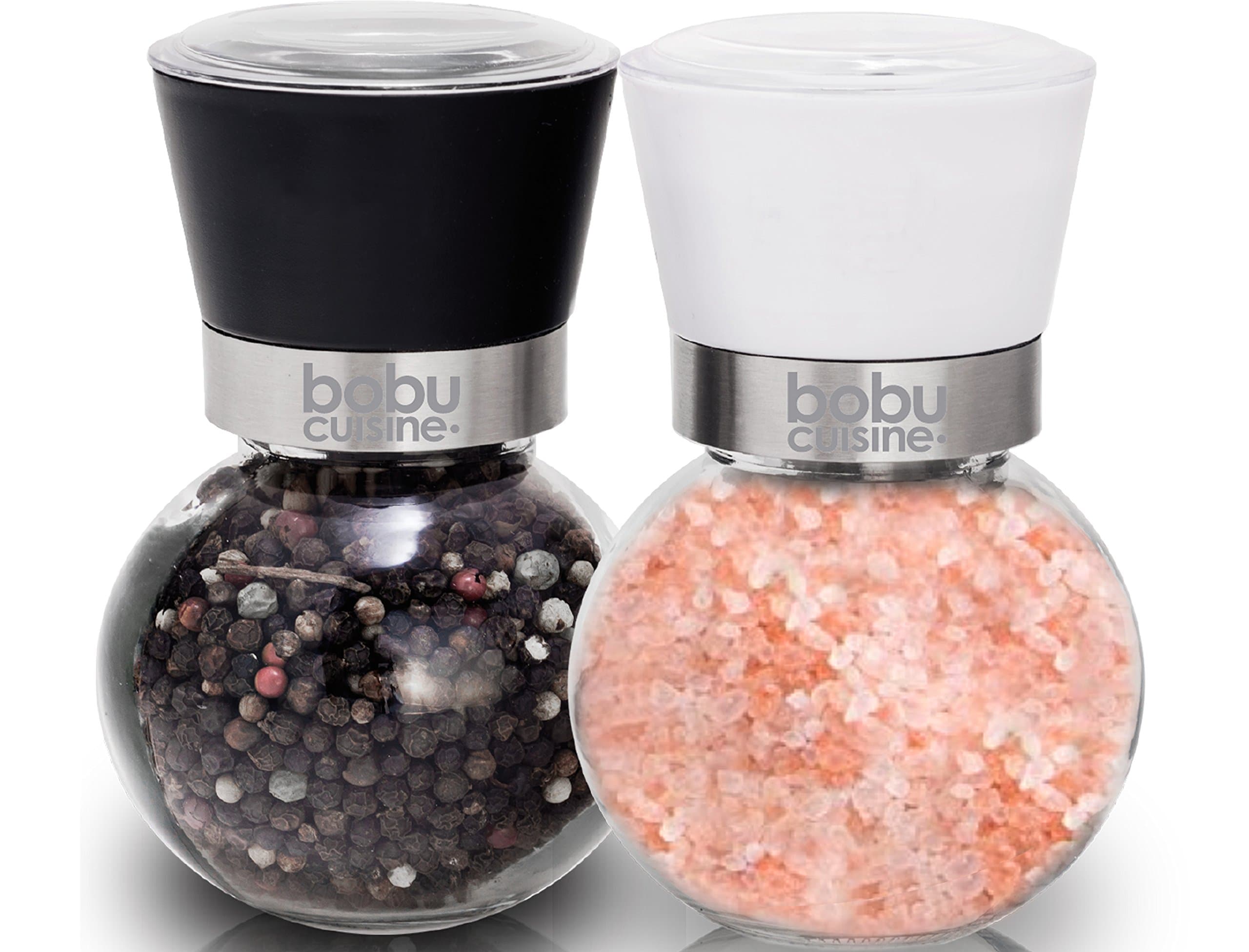 bobuCuisine’s Spectacular Glass Globe Salt and Pepper Grinder Set - Easily Adjustable Grinder to Control Coarseness - Cover Lid to Keep Freshness