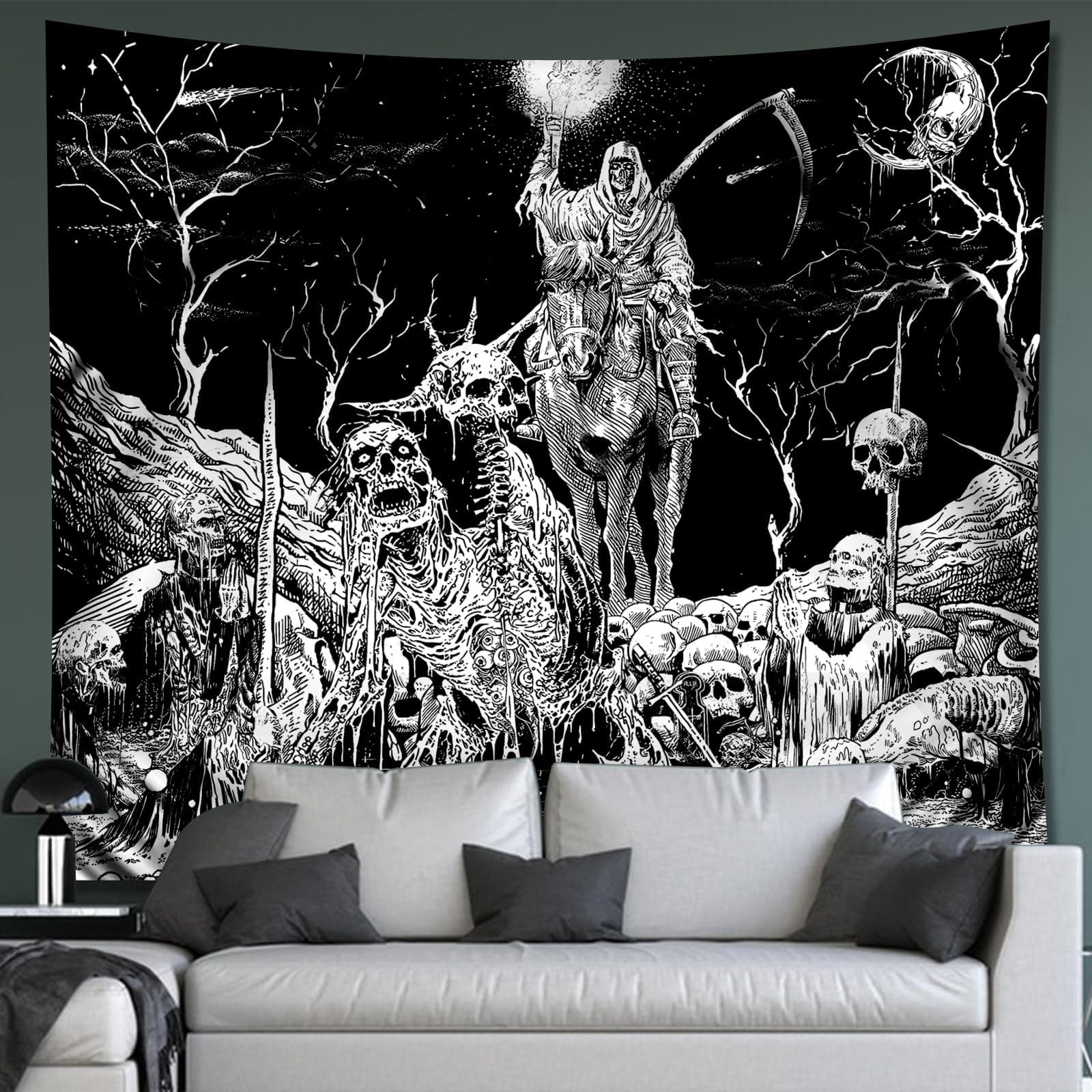 Black and White Goth Skull Tapestry for Bedroom, Gothic Skeleton Halloween Wall Tapestries Aesthetic, Horror Ghost Rider Night Sky Moon Dark Wall Hanging Decor for Living Room (51'' x 60'')