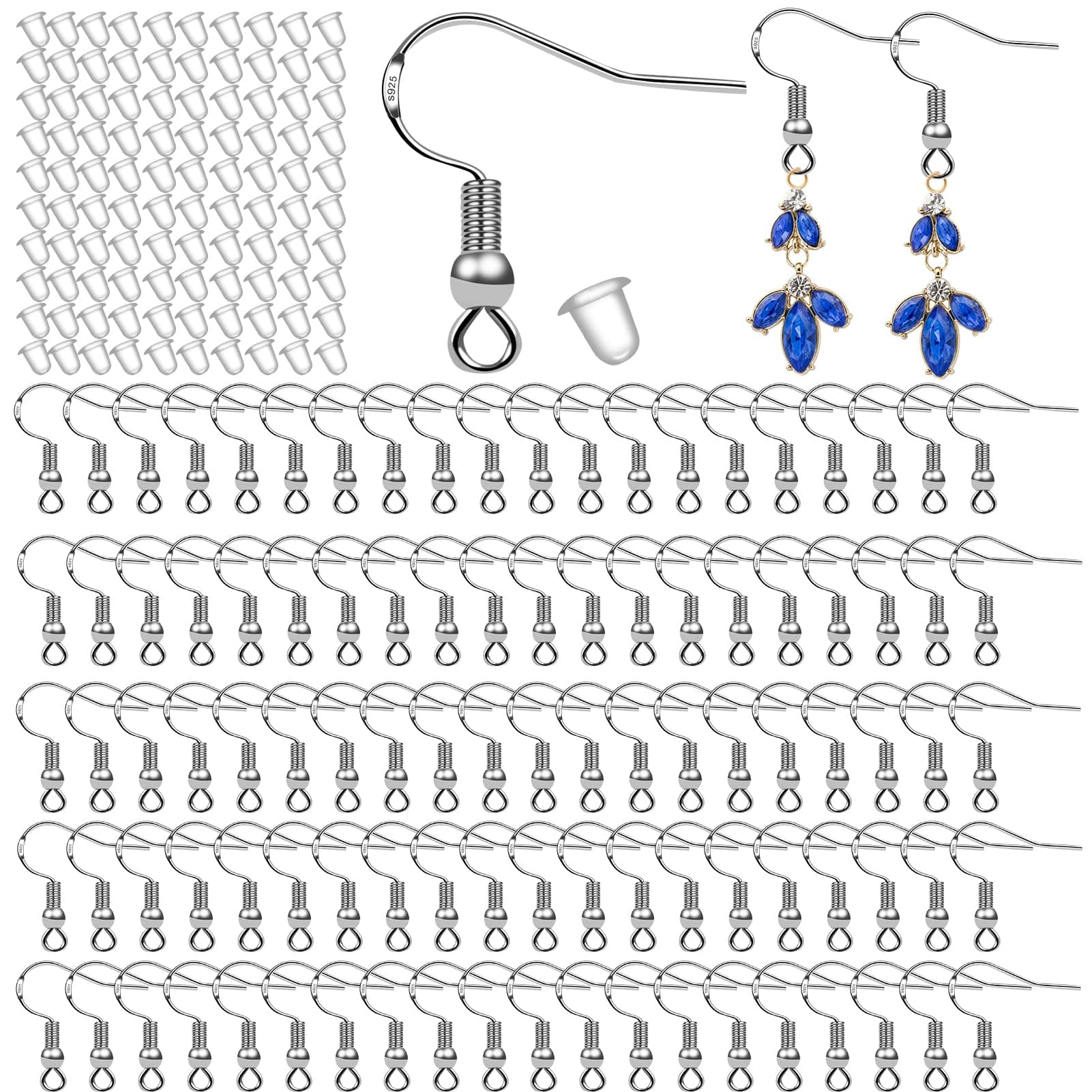 100 PCS/50 Pairs 925 Sterling Silver Earring Hooks Fish Hook Ear Wires French Wire Hooks Hypo-allergenic Jewelry Findings Earring Parts DIY Making with 100 PCS Clear Rubber Earring Safety Backs
