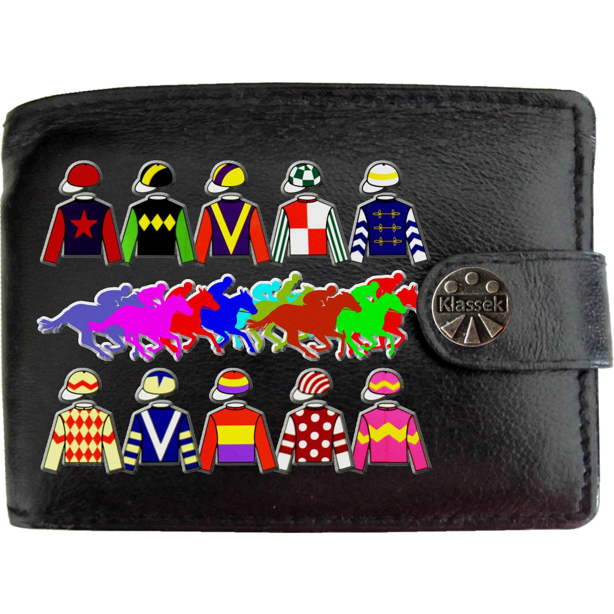 KlassekJockey Racing Colours Silks Betting Gambling Mens Wallet Real Black Leather RFID Blocking with Coin Pocket and Metal Gift Box