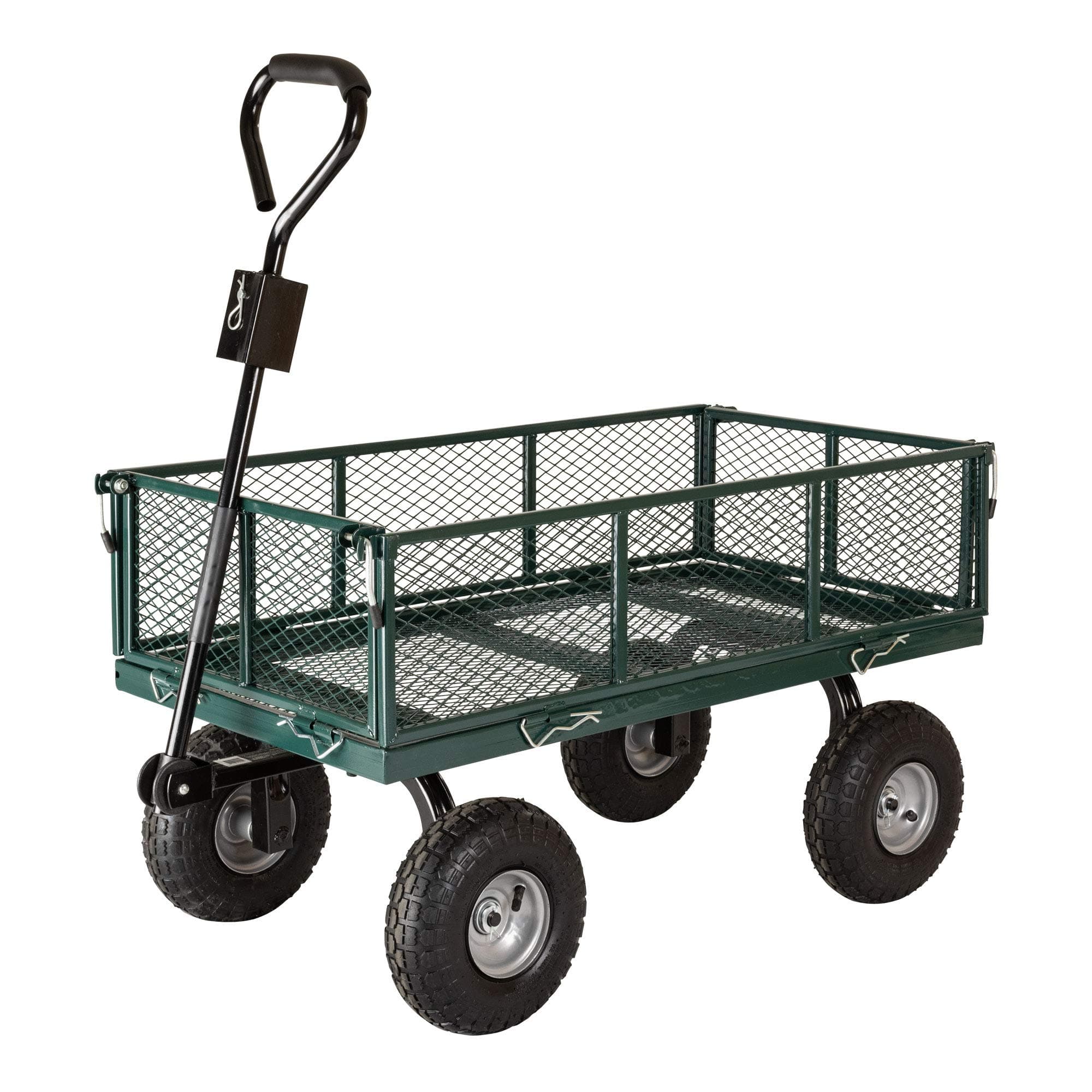 70107 Garden Cart/Utility Cart, Hinged/Removeable Sidewalls, Four 10-inch Wheels, Loop Handle with Convertible Hitch Attachment, Steel Powder-Coated Mesh Frame, 700-pound Capacity, Green
