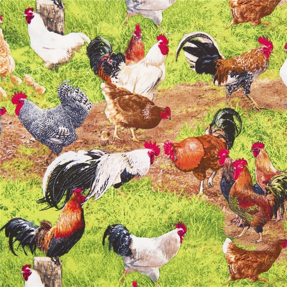 Grassy fabric with chickens, hens and cockerels or roosters, 100% cotton, USA fabric, Elizabeth's Studio (per 0.5 yard)