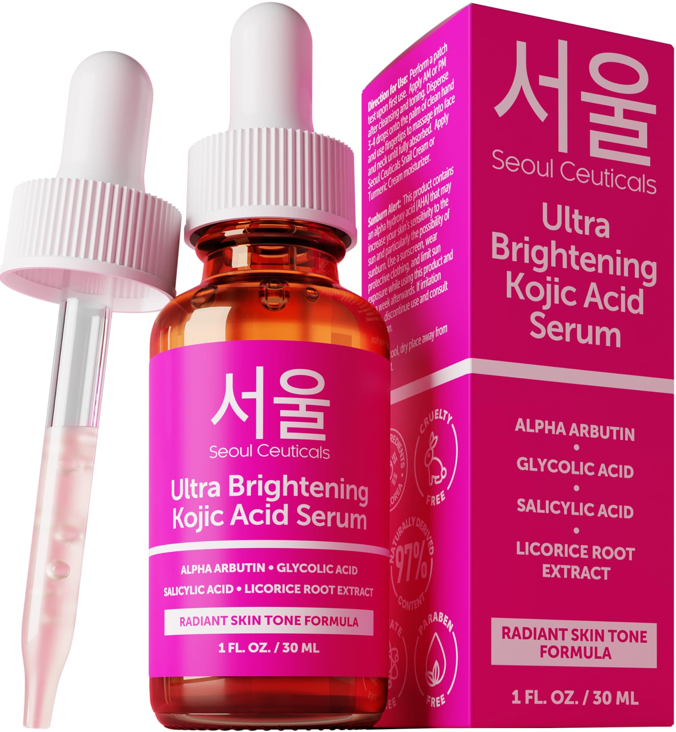 Korean Skin Care Ultra Brightening Serum - Dark Spot Remover Kojic Acid Serum - Alpha Arbutin Serum Made for Face Glow - K Beauty Salicylic, Glycolic Acid Glow Face Serum, 1oz