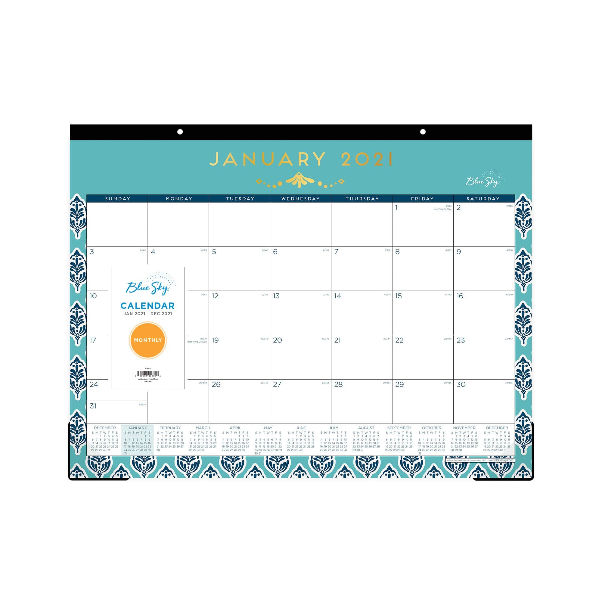 Blue Sky 2021 Monthly Desk Pad Calendar, Trim Tape Binding, Two-Hole Punched, 22" x 17", Sullana (110572-21)