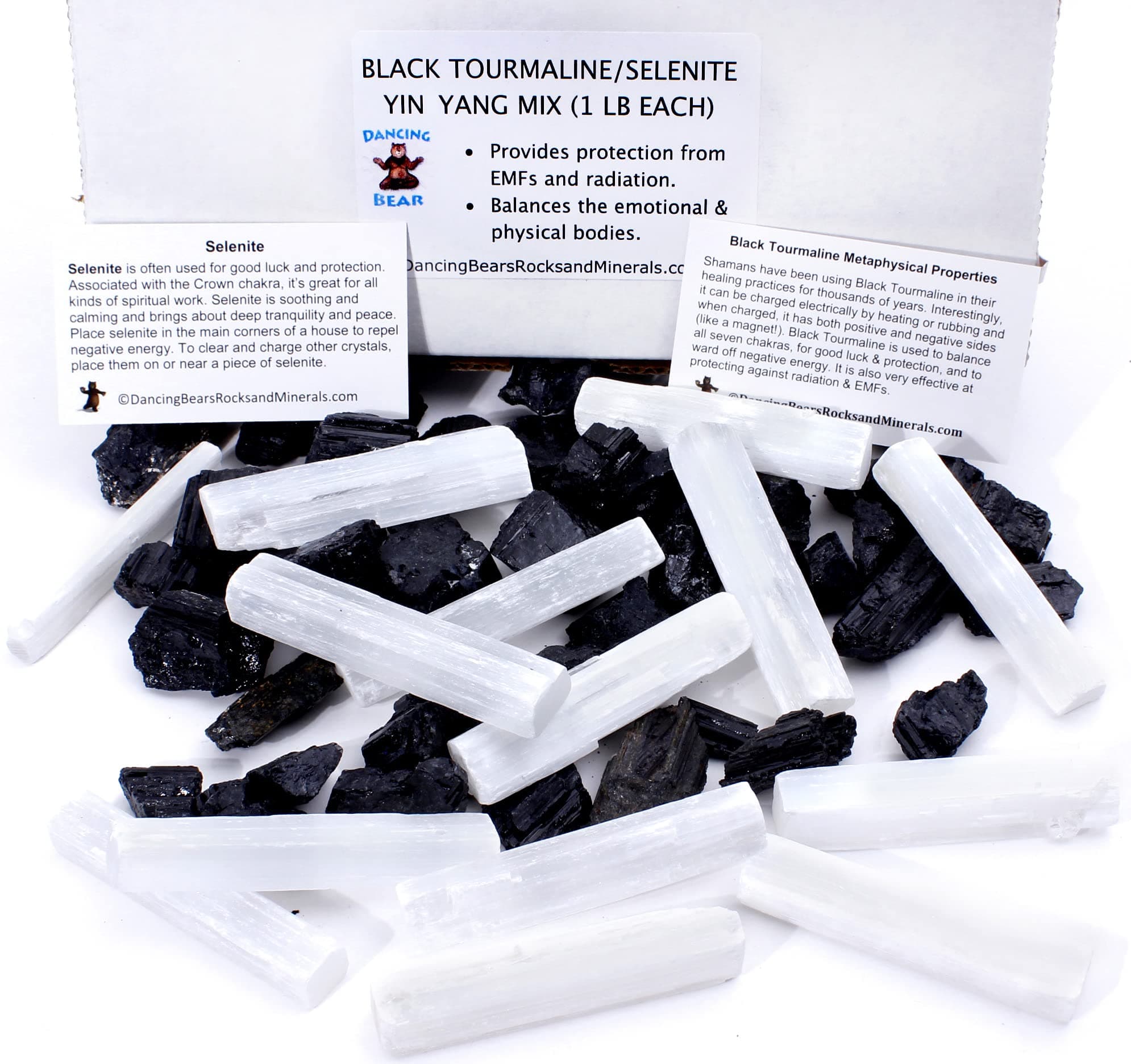 DANCING BEAR Black Tourmaline & Selenite Combo Pack (1 LB Each) Bulk Rough Raw Natural Stones for Good Vibes, Healing Crystals, Info Cards, Cleansing Energy, Made in USA