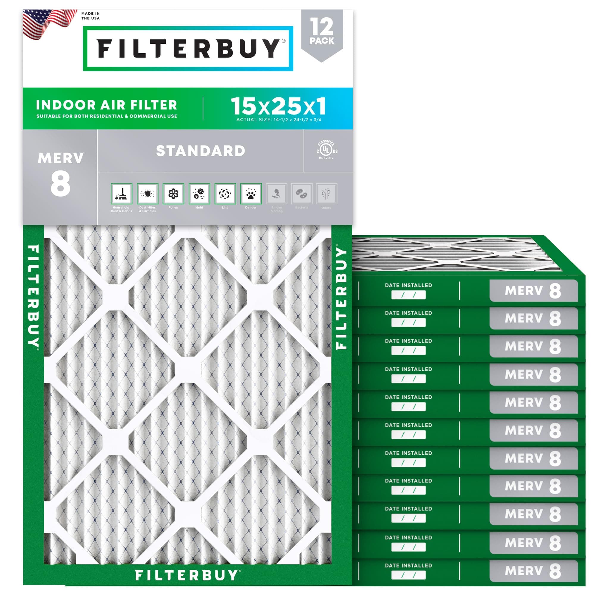 AFB Silver MERV 8 15x25x1 Pleated AC Furnace Air Filter. Pack of 12 Filters. 100% produced in the USA.