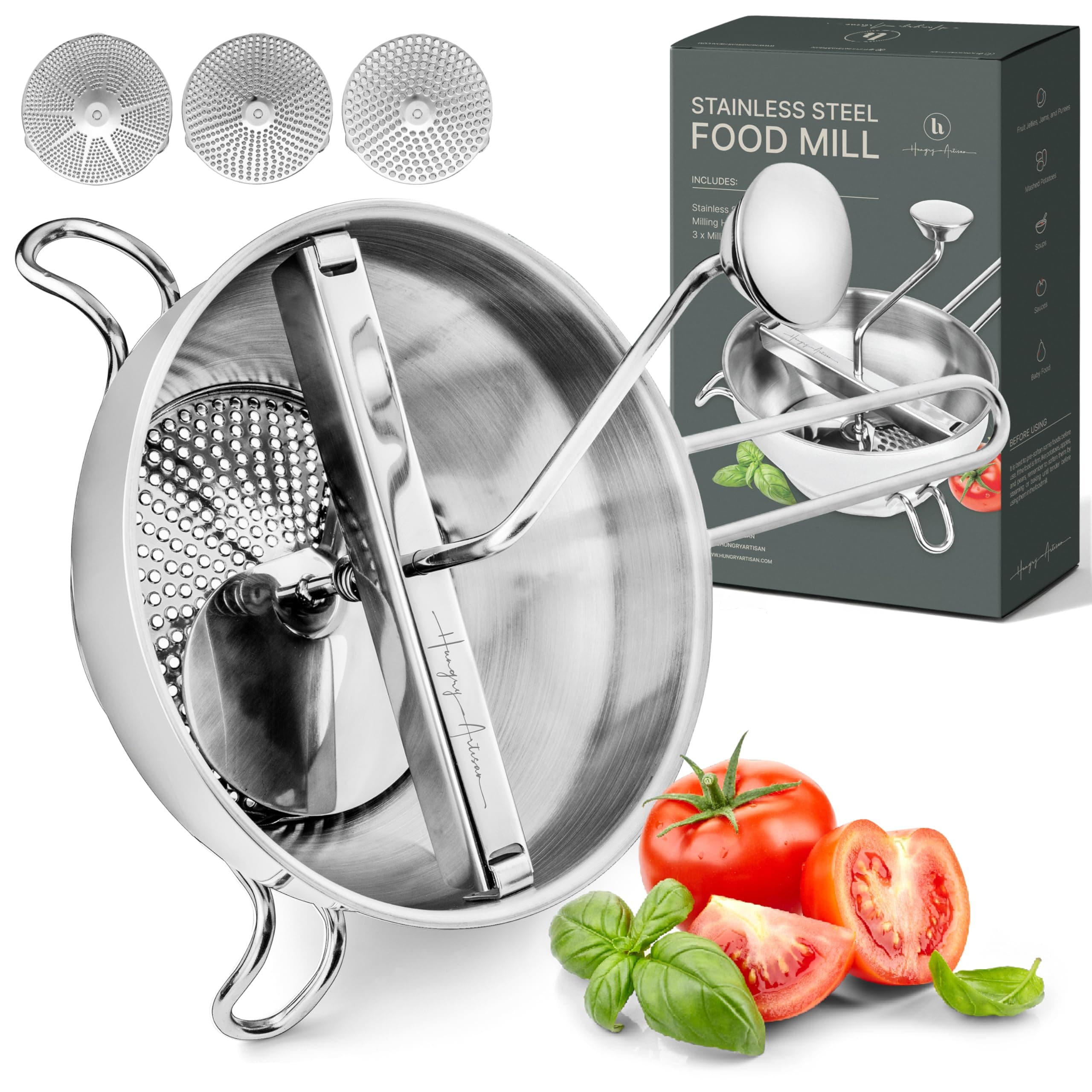 Ergonomic Food Mill Stainless Steel With 3 Grinding Milling Discs, Milling Handle & Stainless Steel Bowl - Rotary Food Mill for Tomato Sauce, Applesauce, Puree, Mashed Potatoes, Jams, Baby Food