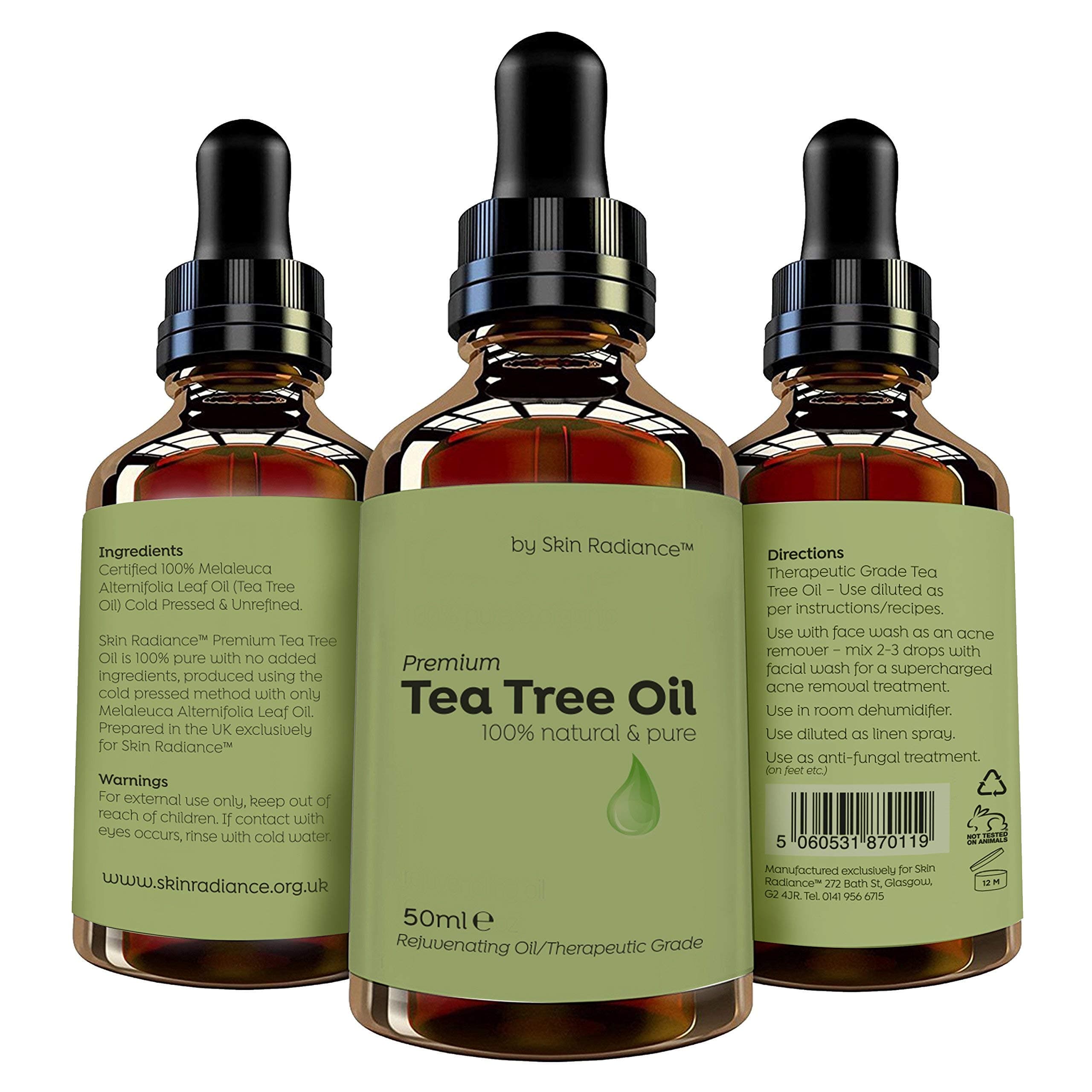 Purest Tea Tree Oil 100% Essential Oil by Skin Radianceยฎ - Mix with Your Own Shampoo, Face/Body Wash for Fantastic Results. Treats Acne, Blemishes, Anti Fungal Nail and Foot Treatment