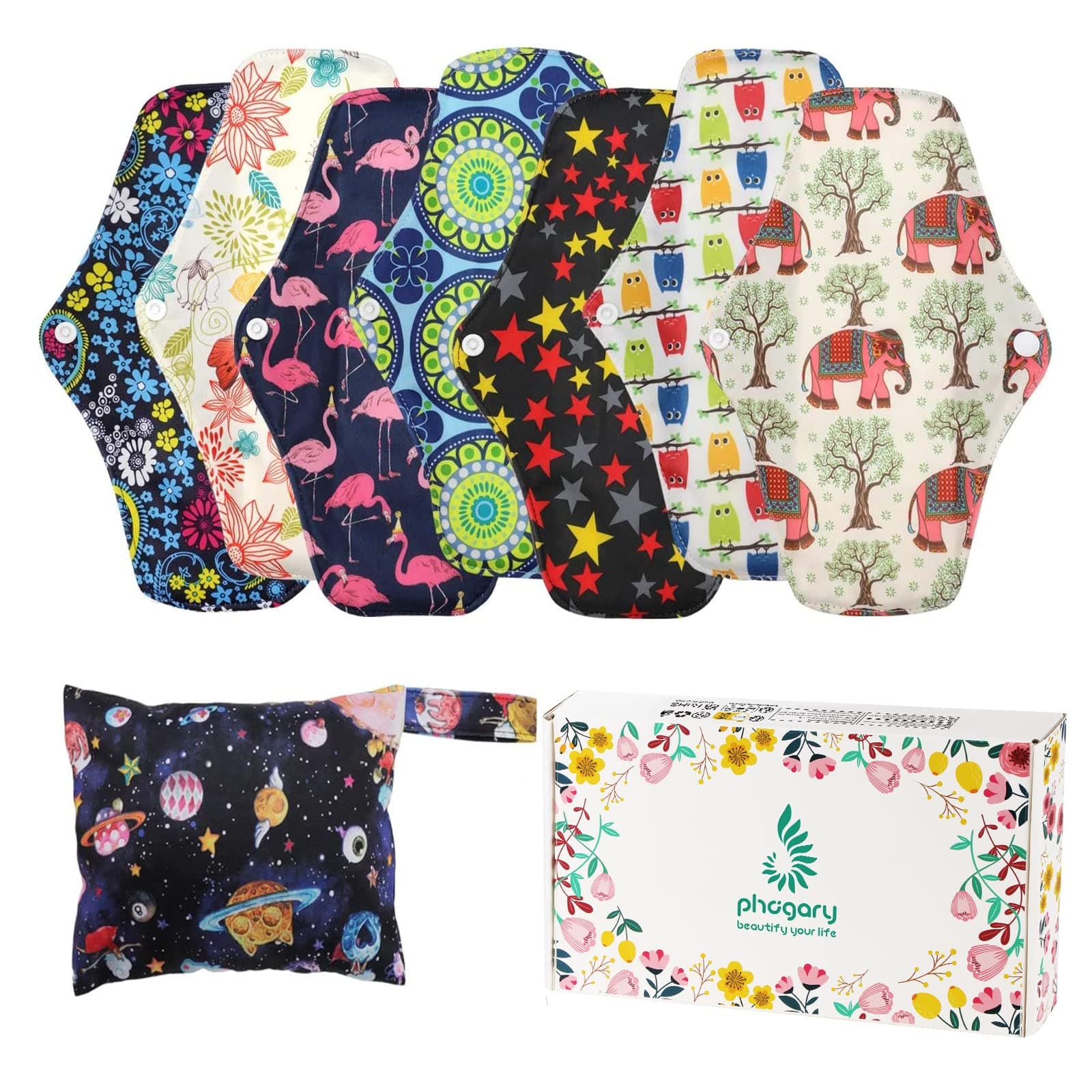 Reusable Menstrual Pads (7 in 1, 10in*7in), PHOGARY Bamboo Cloth Pad for Heavy Flow with Wet Bag, Large Sanitary Pads Set with Wings for Women, Washable Overnight Cloth Panty Liners Period Pad