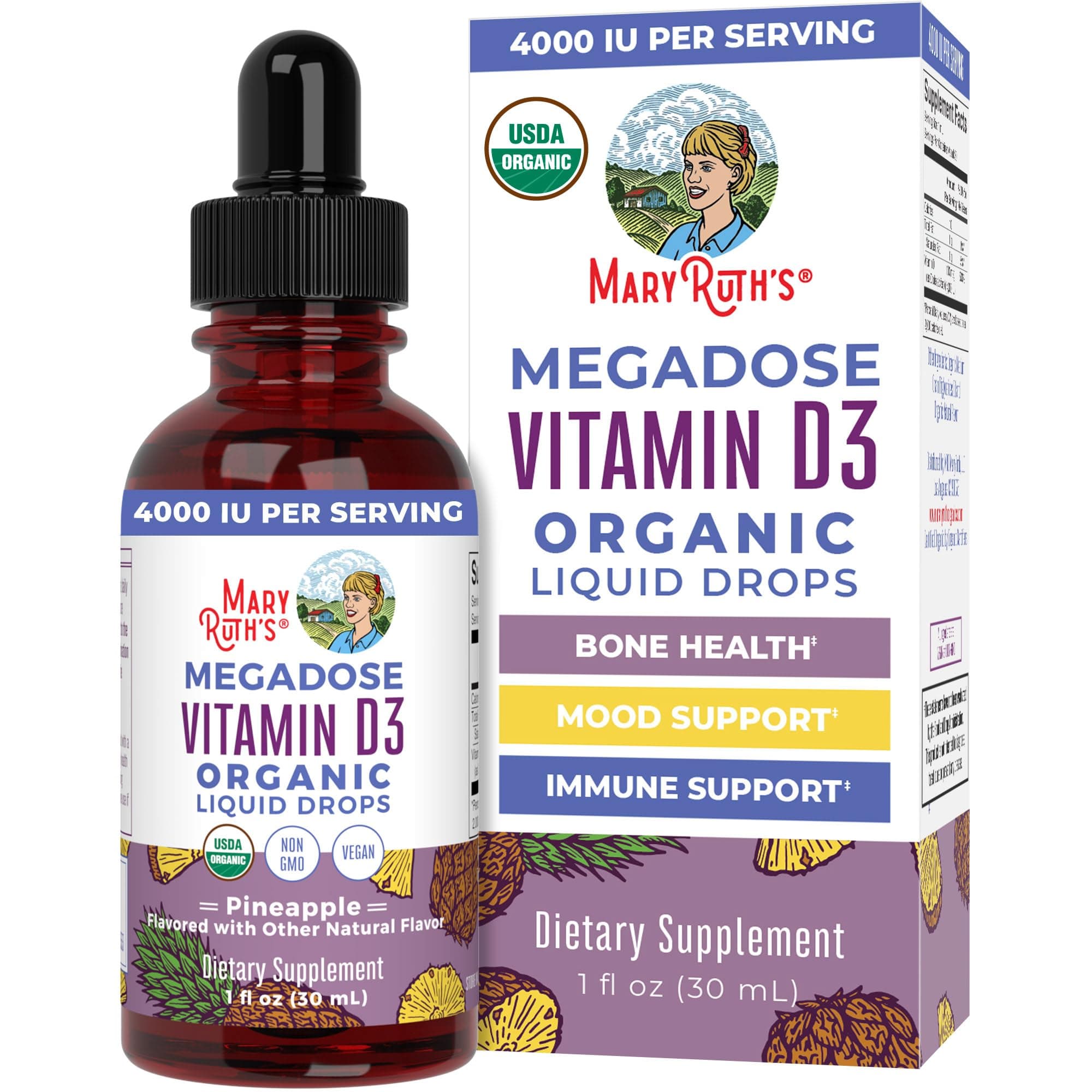 MaryRuth Organics Vitamin D3 Liquid Drops | Megadose 4000 IU | USDA Organic Liquid Vitamin D Spray for Adults & Kids | Immune Support & Bone Health | Vegan | Gluten Free | Non-GMO | 30 Servings