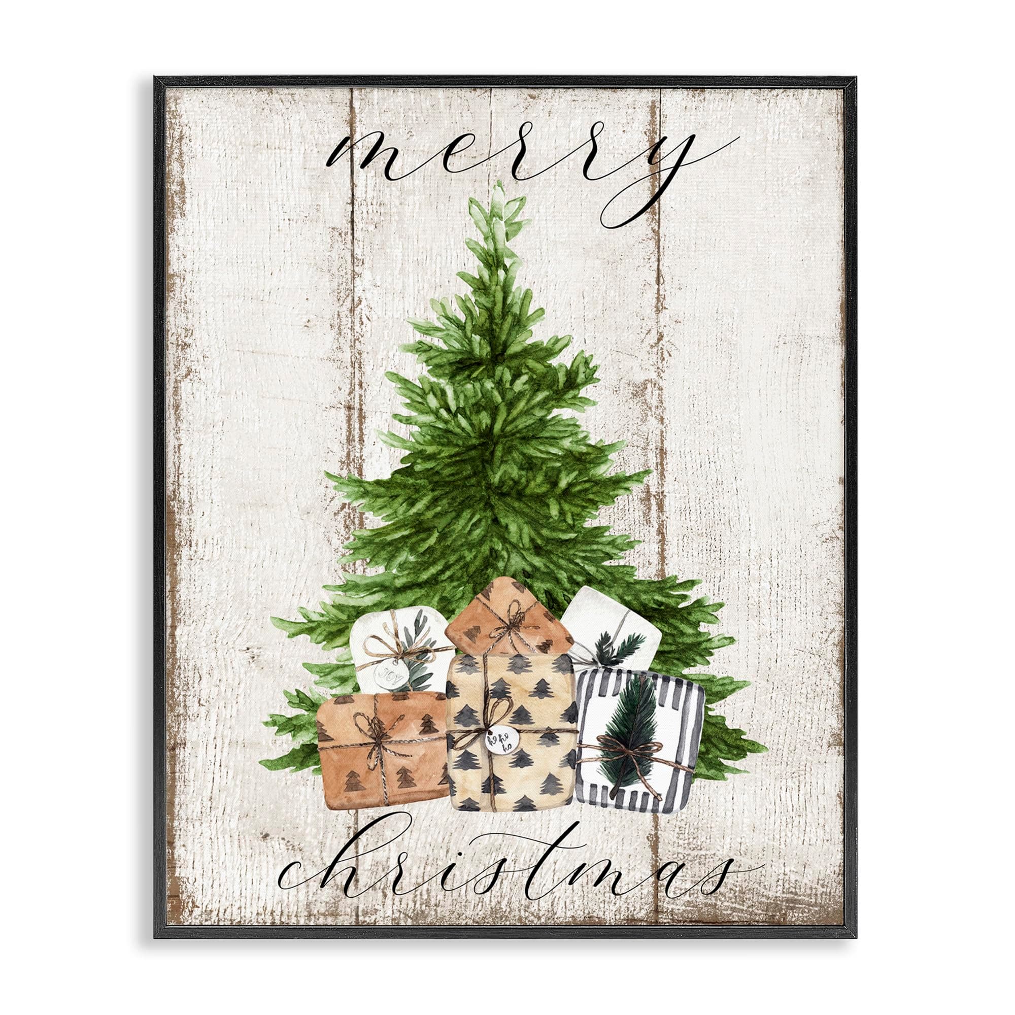 Stupell IndustriesRustic Distressed Merry Christmas Tree Illustration Deborah Brown Black Framed Wall Art, 11x14