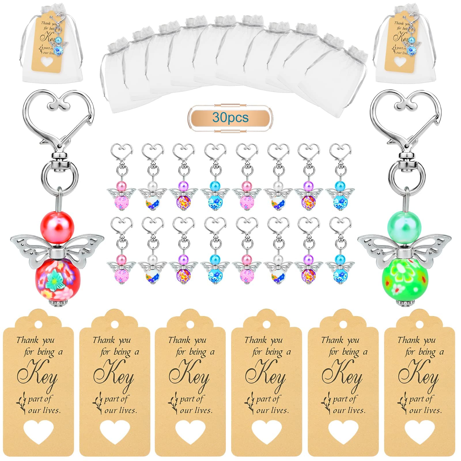 30 Sets Guardian Angel Keychain Colorful Pearl Angel Wing with Organza Bags Thank You Kraft Tags Angel Lucky Charm Keychains Thank You Gifts Party Souvenirs for Wedding Birthday Christmas Baby Shower