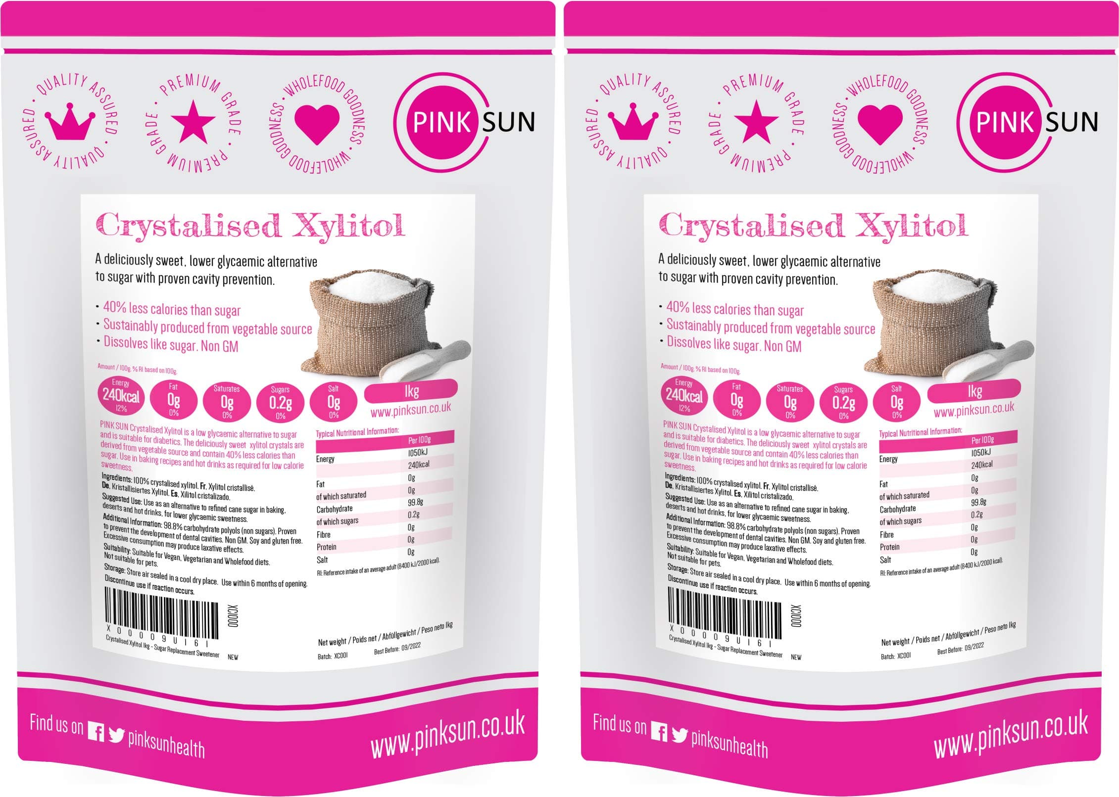 PINK SUN Xylitol Sugar Substitute Sweetener 2kg (1kg x 2) Replacement Alternative Fine Crystals Granules Vegans Vegetarians Gluten Free Diabetics Low Carb Non GMO Bulk Buy KG