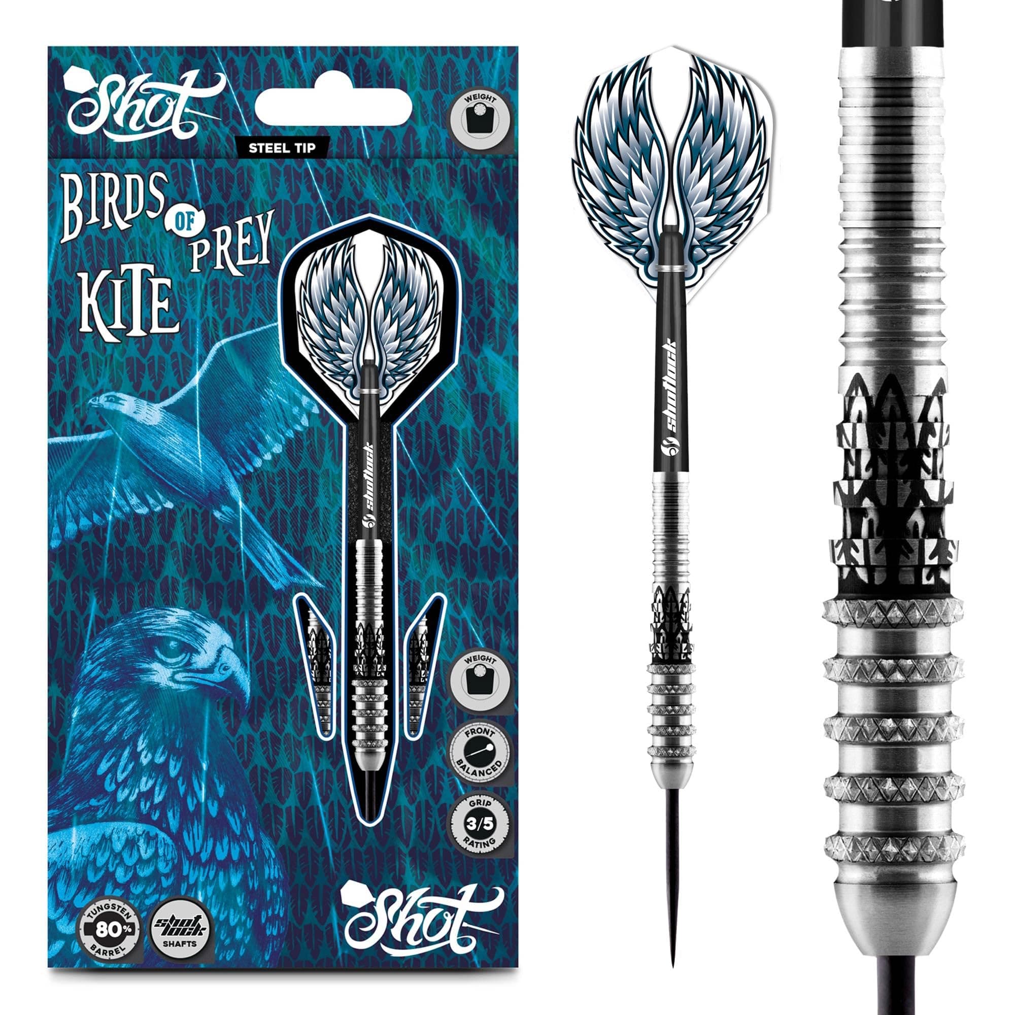 Shot! Darts Birds of Prey Kite Steel Tip Dart Set-Front Weighted 80% Tungsten Barrels 21gm
