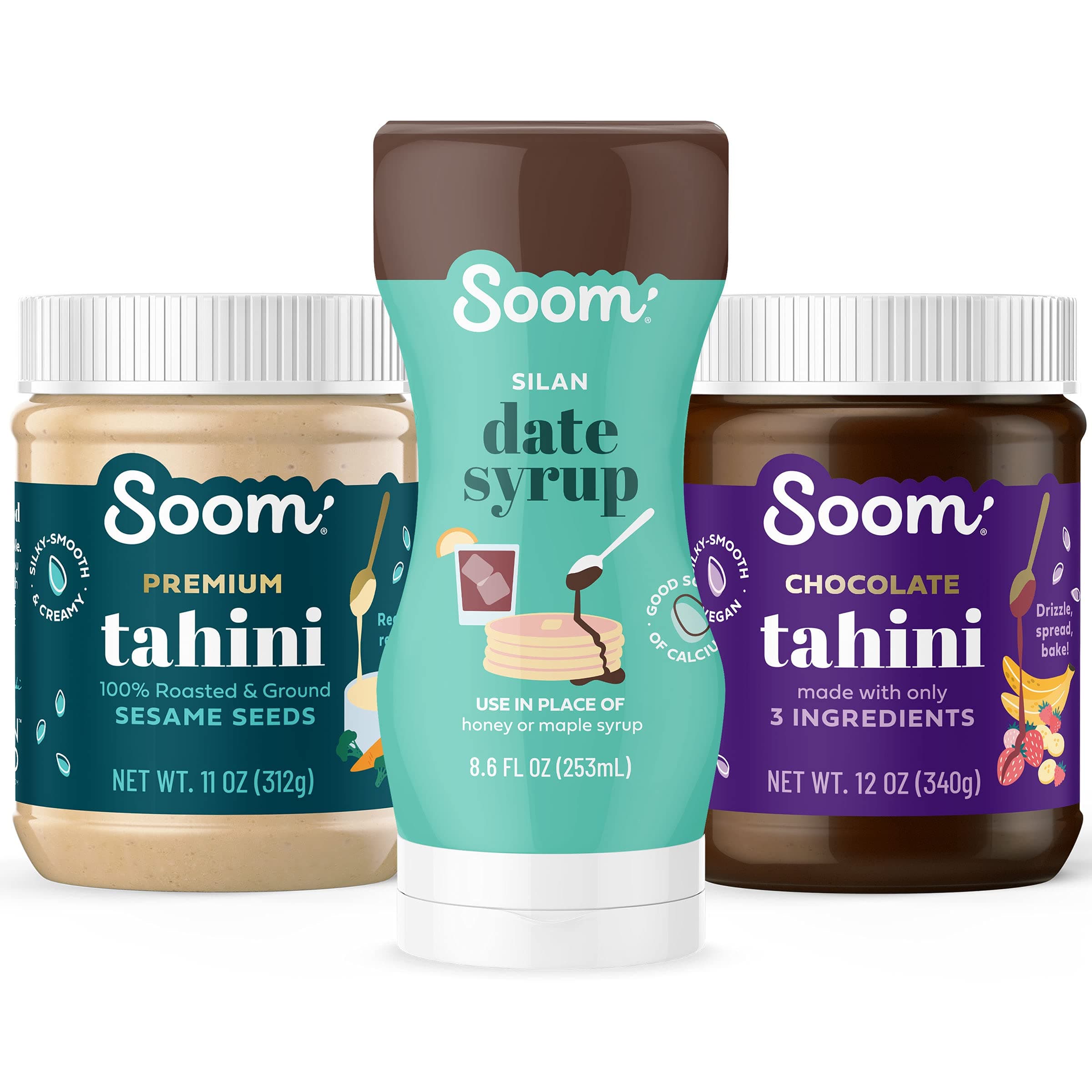 Soom Pantry Sampler: (1) Sesame Tahini 11oz, (1) Chocolate Sesame Tahini 12oz and (1) Silan Date Syrup 12.3oz