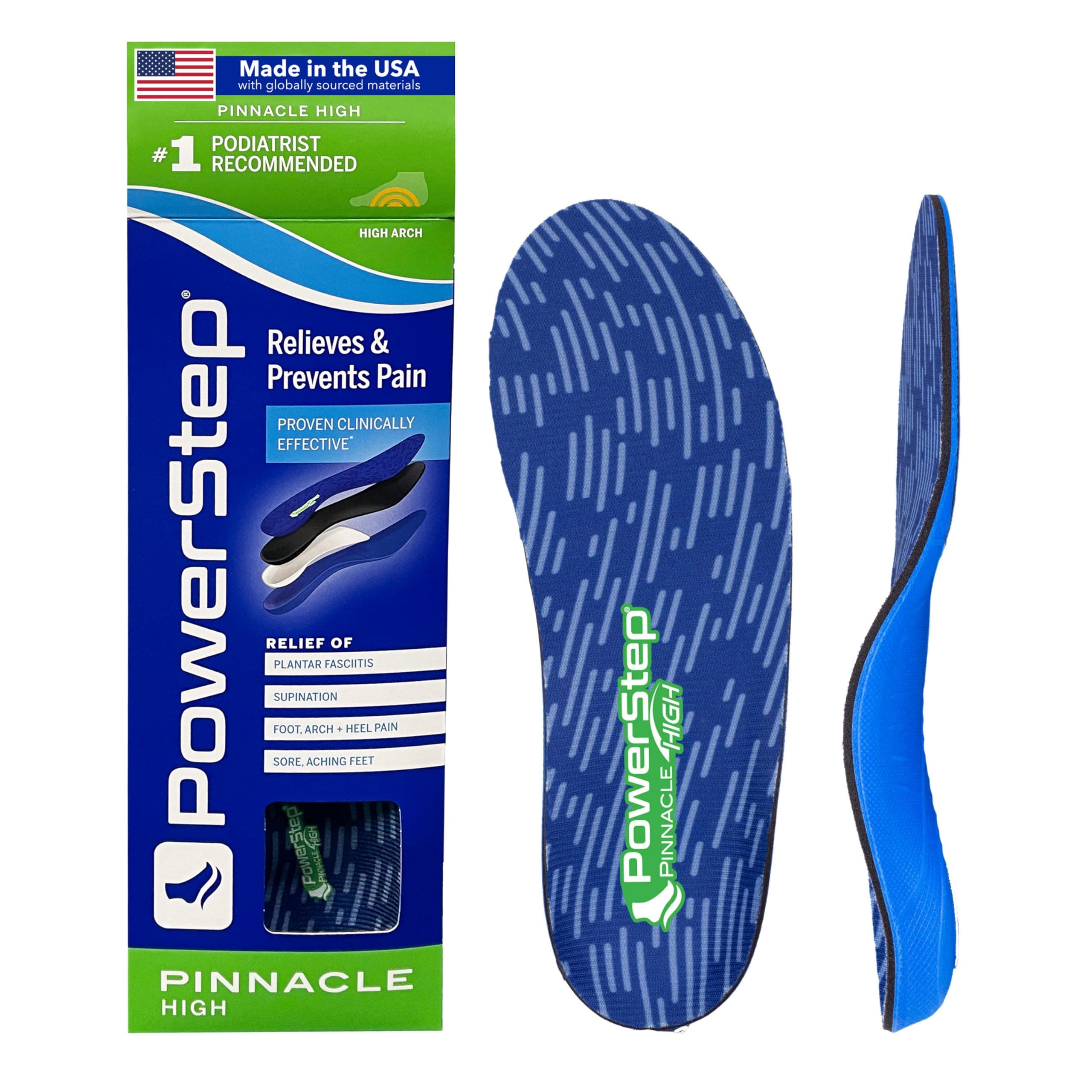Pinnacle High Arch Orthotics Insoles, High Arch Pain Relief, Plantar Fasciitis Relief, Supination, Supports Foot, Arch & Heel Pain, Made in The USA