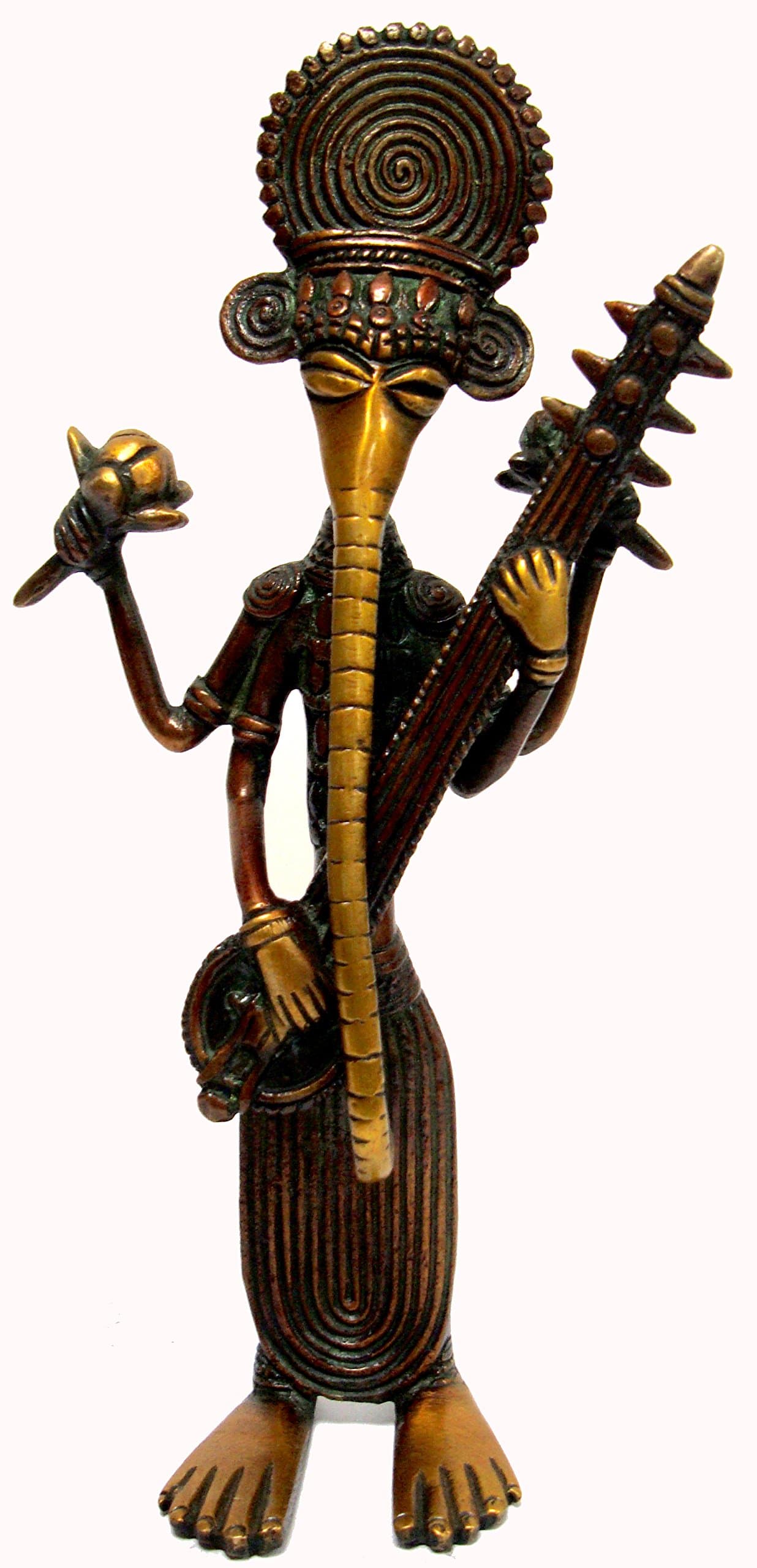 Aesthetic Decors Ganesh Standing Buster Style W Veena in Nepali Orange Showpiece - 20 cm (Brass, Multicolor)