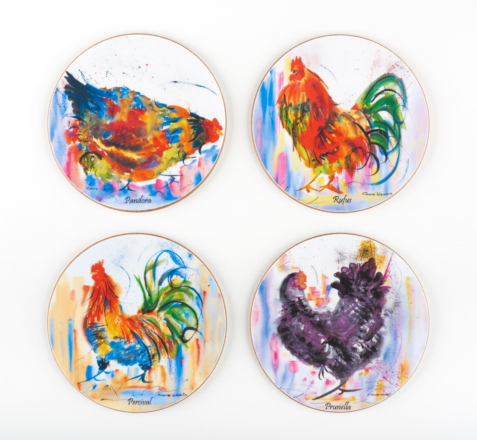 Cucina Chef Coaster Set, Includes 4 Decorative Coasters, 4 inch Melamine Cork Back Coasters Claire Weeks Collection Easy to Wipe Clean Drink Coasters Purple/Blue Set