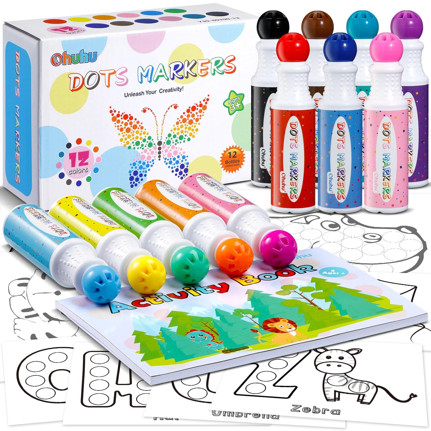 Ohuhu Markers for Kids: Washable 12 Colors Dot Marker for Children (3 Ages +), 40 ml (1.41 oz) with Coloring Book for Preschool Kindergarten Home Safe Non-Toxic Kids Markers