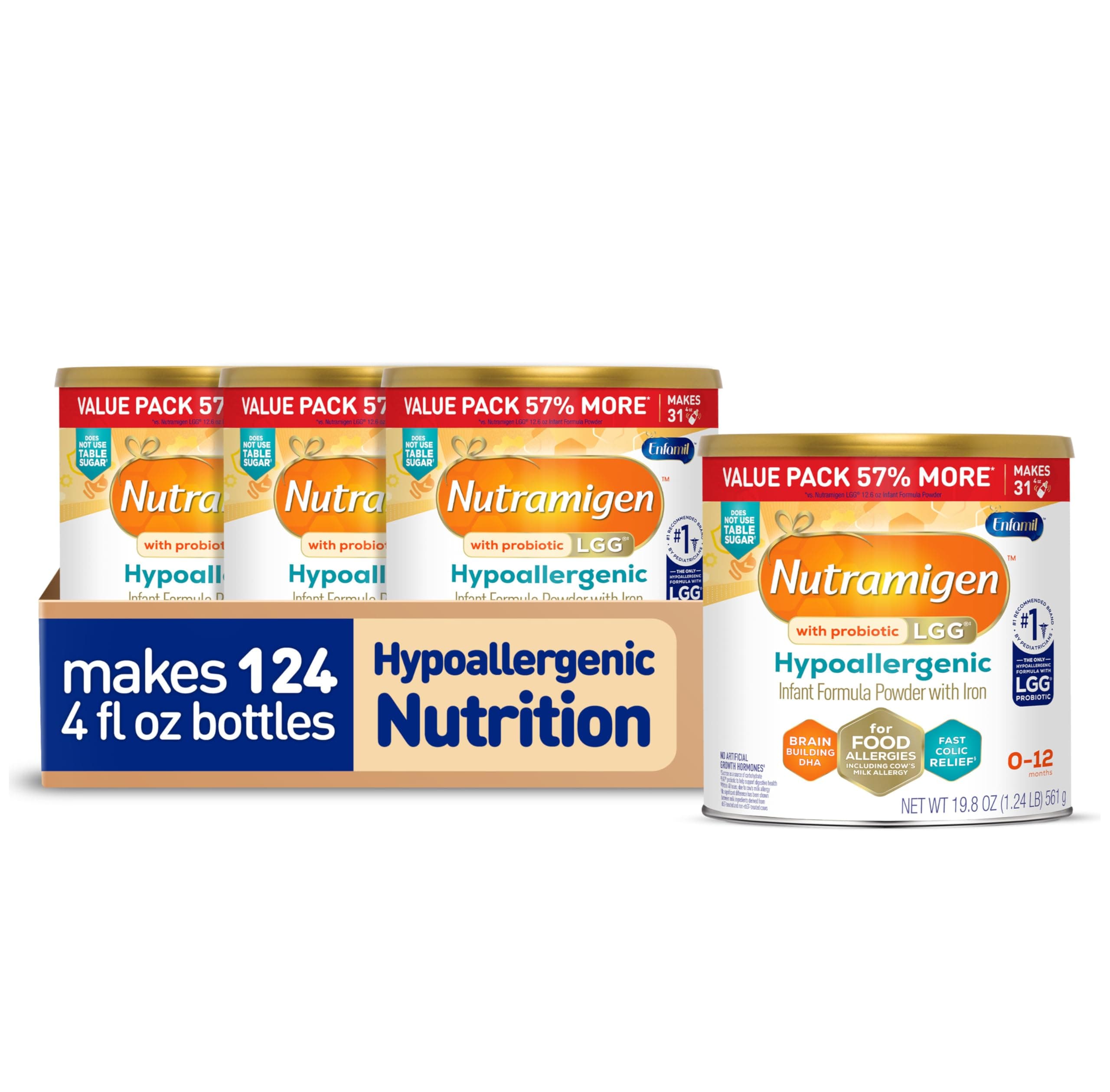 Enfamil Nutramigen Hypoallergenic Baby Formula with Iron, Lactose Free, Colic Relief from Cow's Milk Allergy Starts in 24 Hours, Brain Building DHA, Probiotic LGG for Immune Support, 19.8 Oz, 4 Count