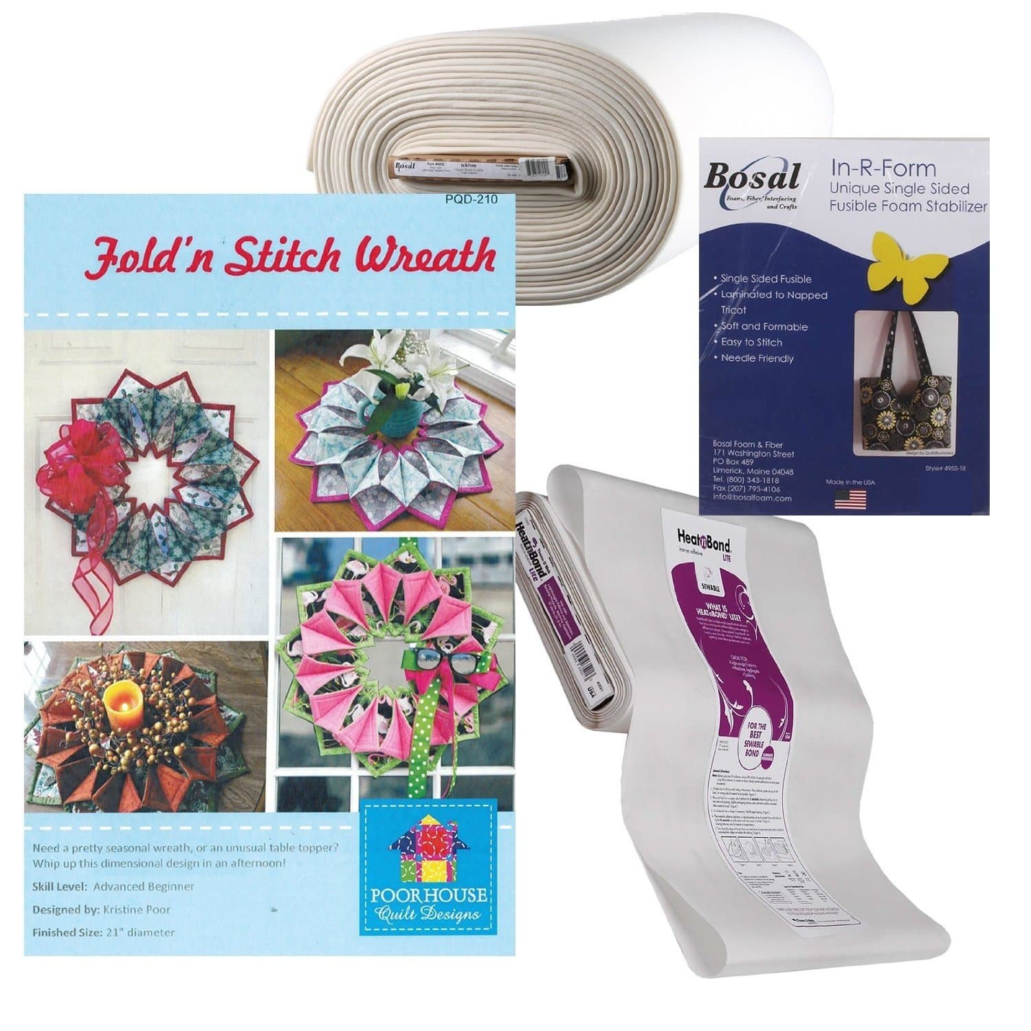 Fold ‘n Stitch Wreath Kit: Pattern, Fusible Web, Foam Stabilizer (For 3 Wreaths)