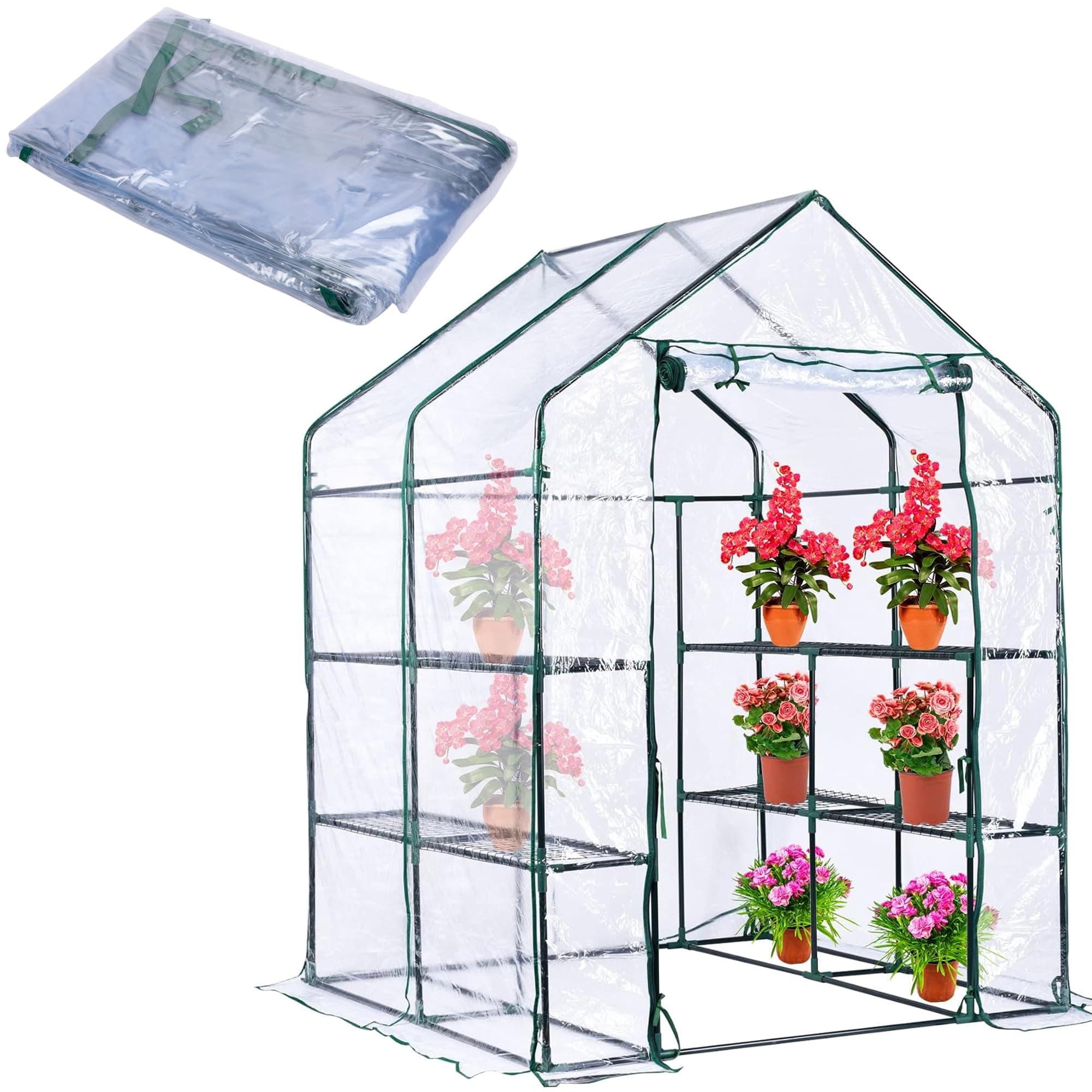 Walk-in Greenhouse Replacement Cover with Roll-Up Zipper Door -56 x 56 x 76 Inch PVC Greenhouse Cover for Outdoor Plant Gardening Plants Cold Frost Protection Wind Rain Proof (Frame Not Include)