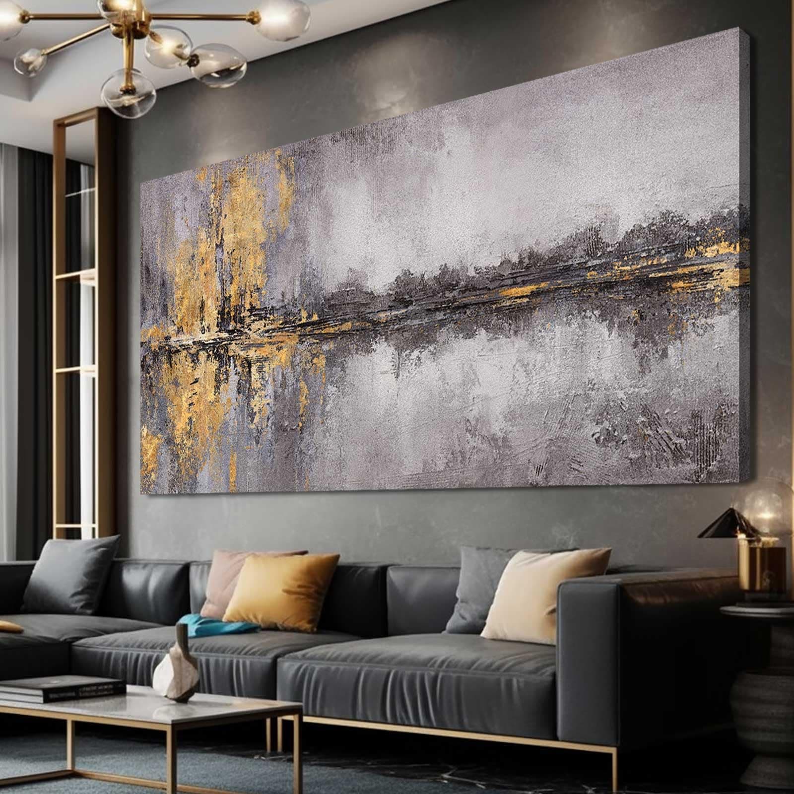 Abstract Wall Art Framed Canvas Wall Decor Gold Grey Pictures Vintage Prints Artwork for Living Room Dinning Room 29"x58"