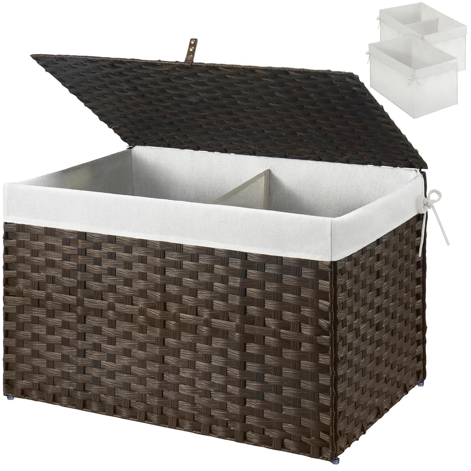 Storage Basket with Lid, 17.2 Gallon(65L) Small Wicker Blanket Storage Basket with Handles, Foldable, 2 Removable Liner Bags, Metal Frame, for Bedroom, Laundry Room, Brown,22.2"*13.4"*13.4"