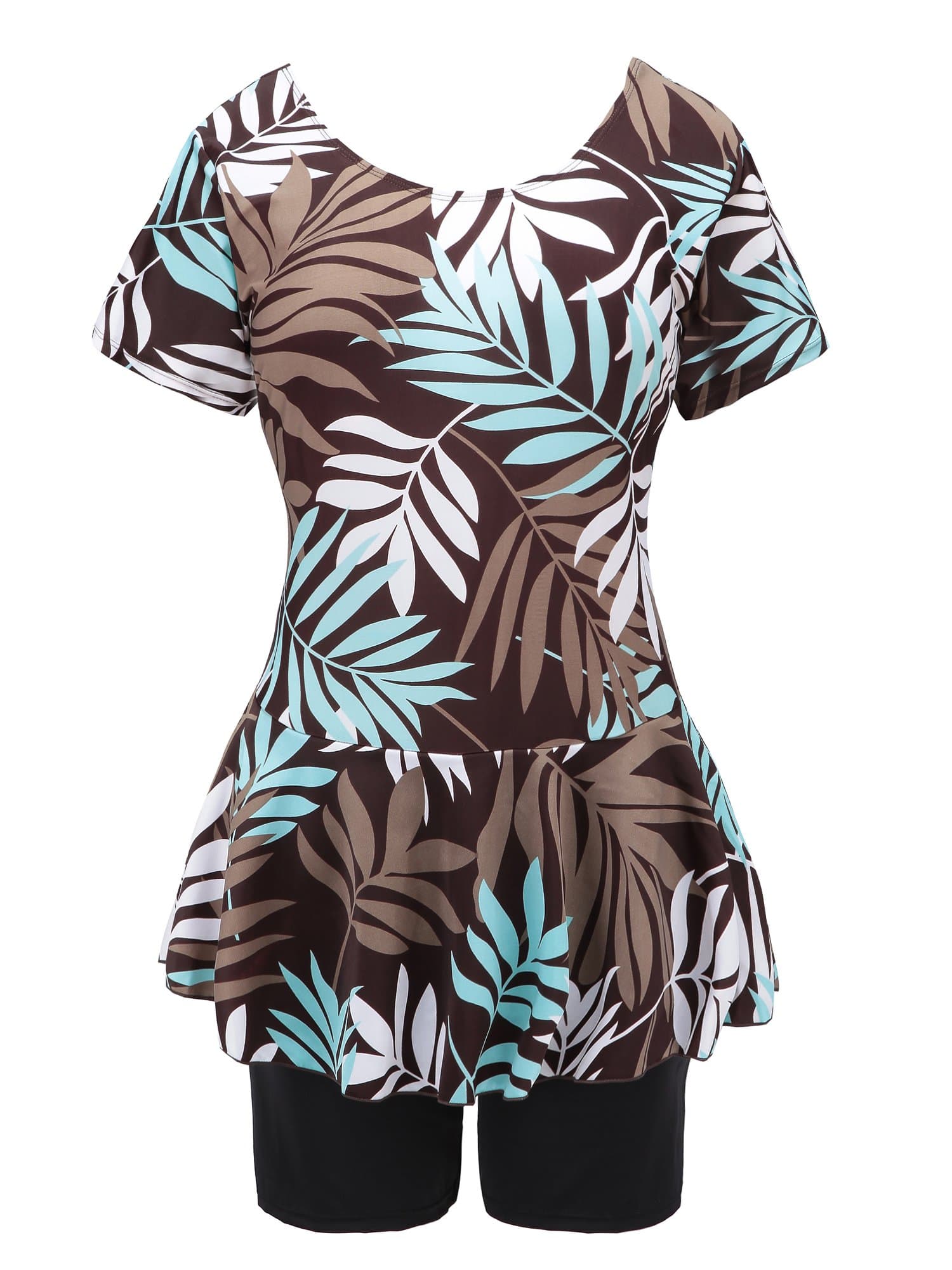 KnasporWomen's One Piece Swim Dress Modest Swimsuit Floral Leaf Print Short Sleeve Swimwear