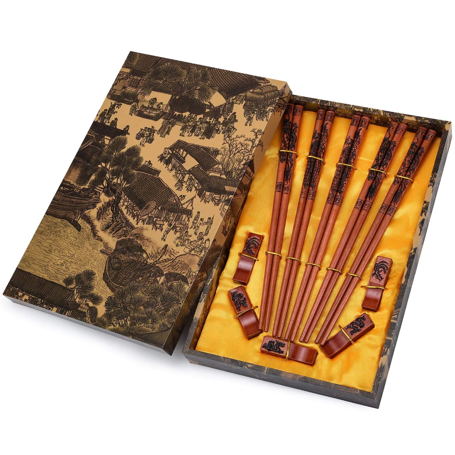 Chopsticks Reusable Chinese Chopsticks Dragon and Phoenix Carve on Chopsticks with Holder, Carrying Bag Chopsticks Set with Unique Package(5 Pairs)